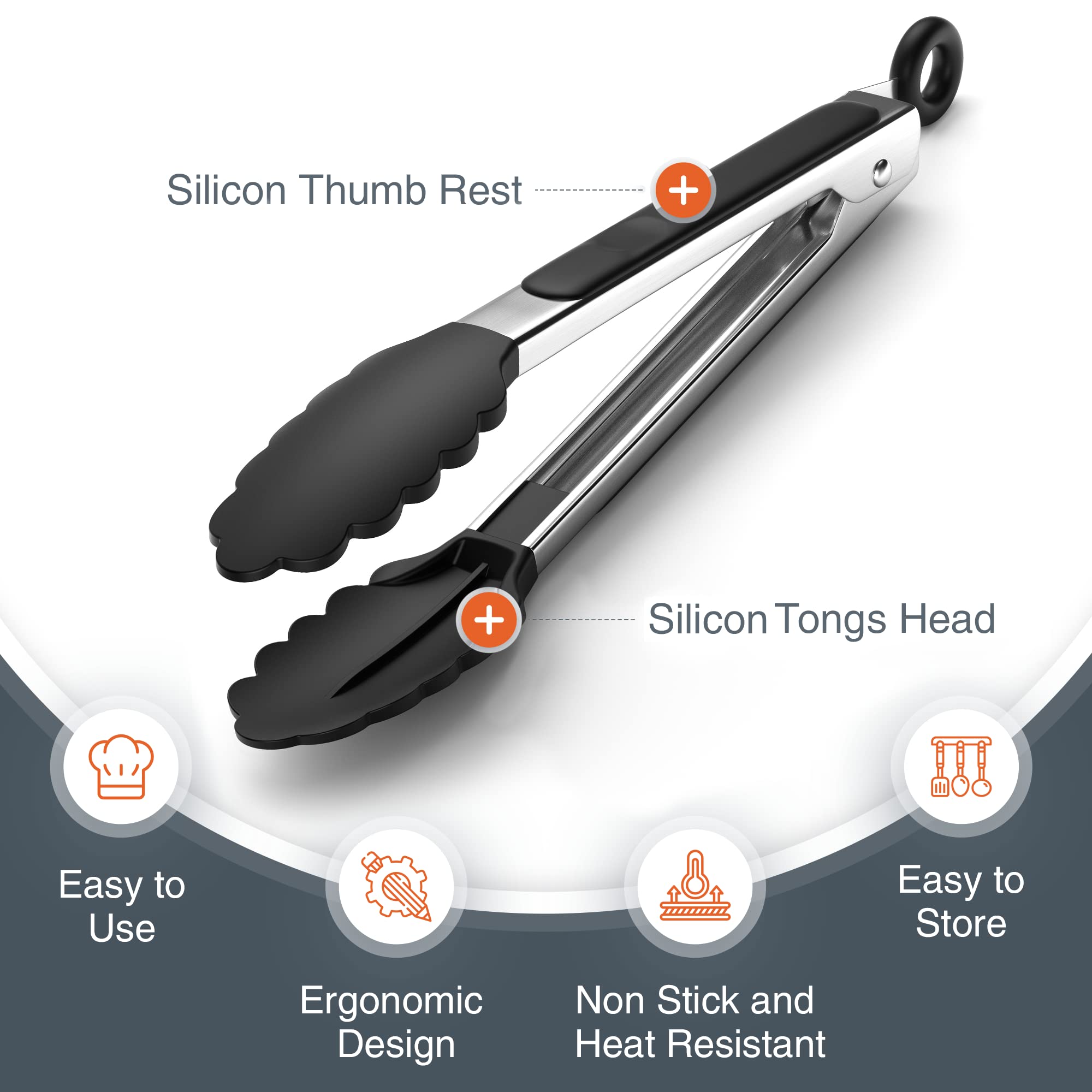 Tribal Cooking Kitchen Tongs With Silicone Tips - Stainless Steel Tongs For Cooking - 9'' And 12'' Tongs With Silicone Rubber Gr