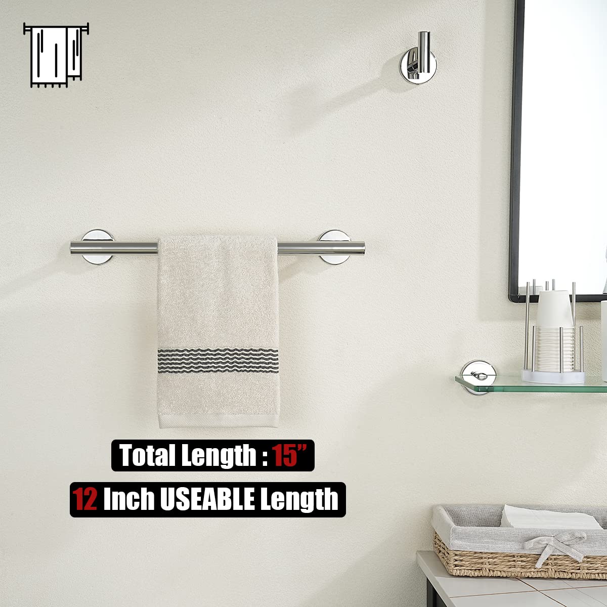 Jqk Chrome Towel Bar, 12 Inch 304 Stainless Steel Thicken 0.8Mm Towel Rack Bathroom, Towel Holder Polished Finished Wall Mount,