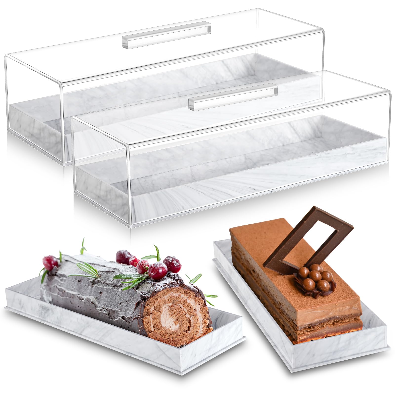 Dandat 2 Pcs Rectangular Serving Tray with Lid Grey Black Marbleized Grain Rectangular Cake Stand Acrylic Cake Holder Rectangle 