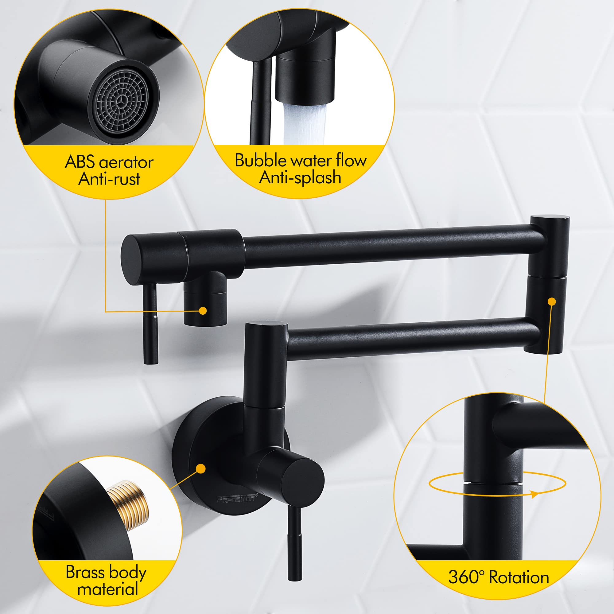 Fransiton Matte Black Pot Filler, Pot Filler Faucet Wall Mount, Brass Folding Stretchable With Double Joint Swing Arm Single Hol