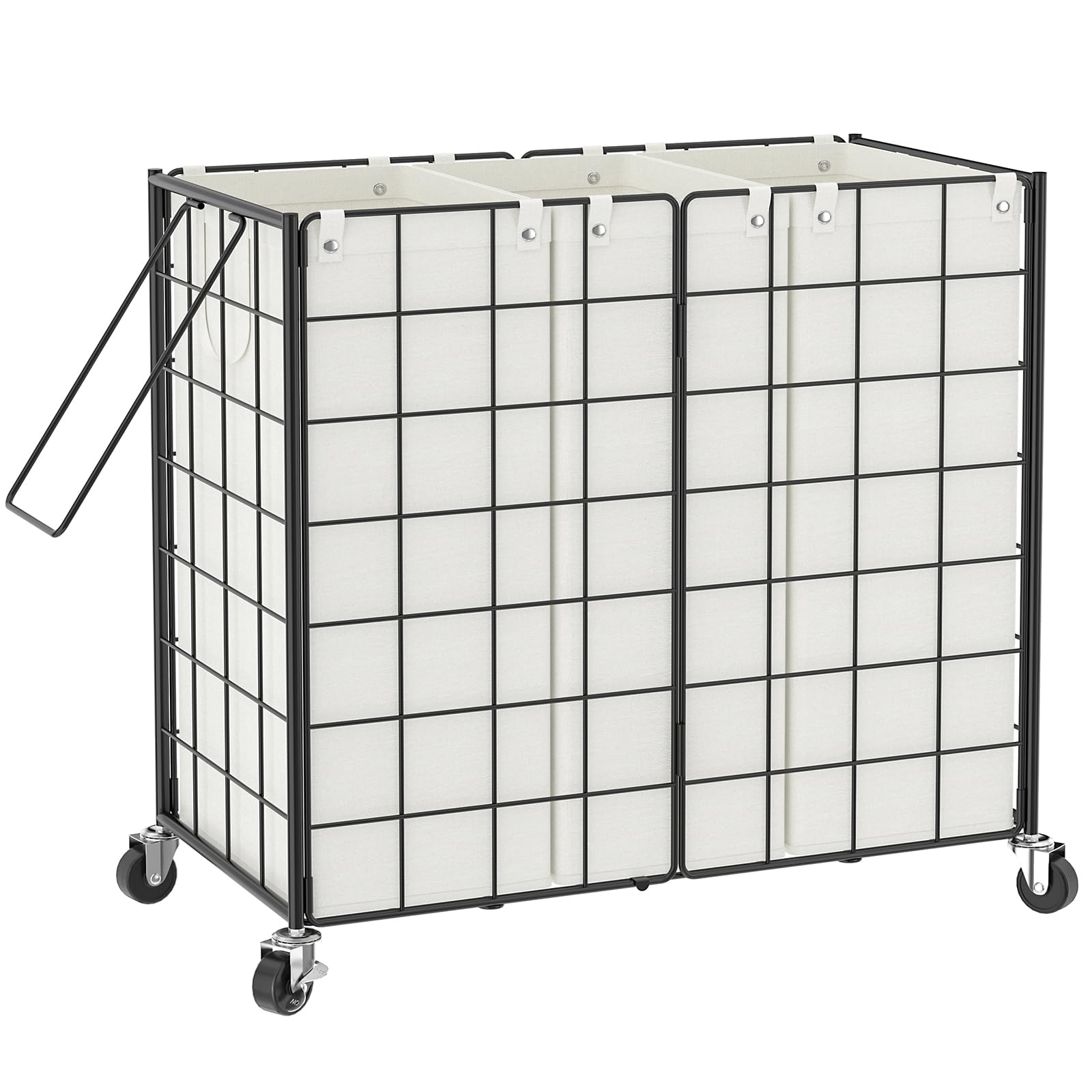 Wowlive Laundry Hamper With Wheels,Metal Wire Frame Rolling Laundry Basket 3 Section With Removable Bags,155L Dirty Clothes Hamp