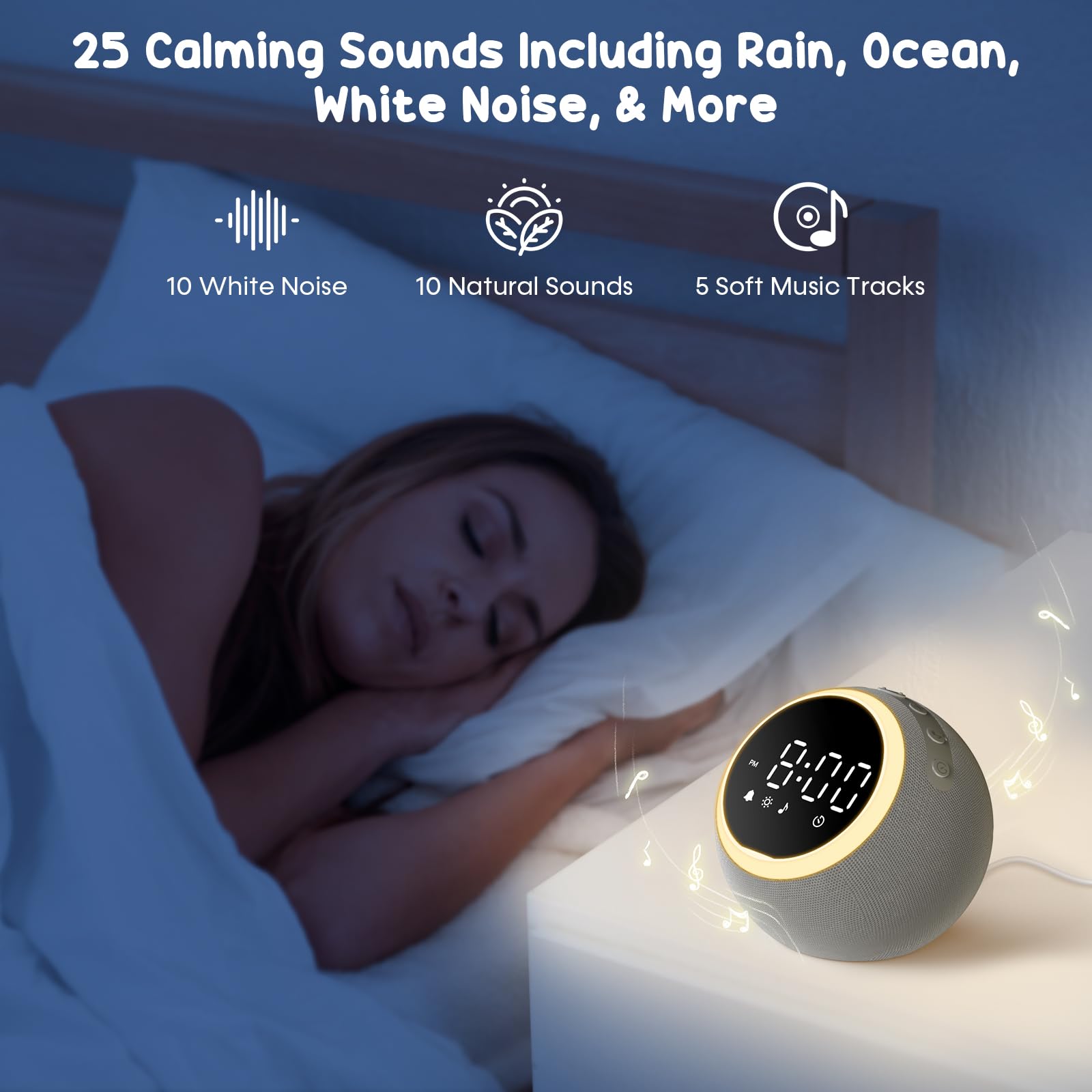 Rohent White Noise Sound Machine - With Nightlight & Alarm Clock - 25 Soothing Sounds, Adjustable Volume, Timer, Sleep Aid For B