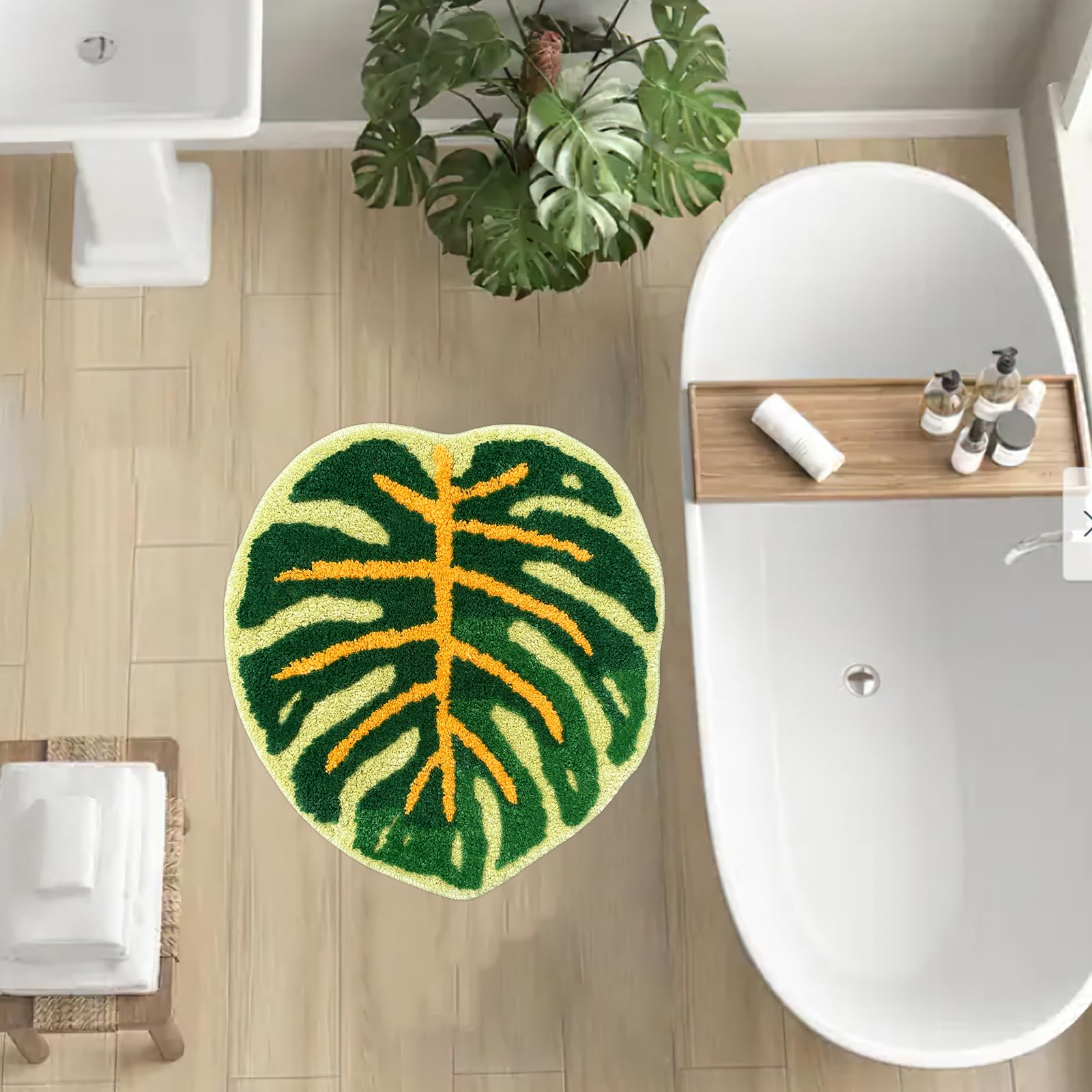 Sisher Cute Bathroom Rugs Monstera Leaf Rug Non-Slip Bathroom Mat, Absorbent, Fun Bath Mat,Machine Washable For Room Geen(22''X2