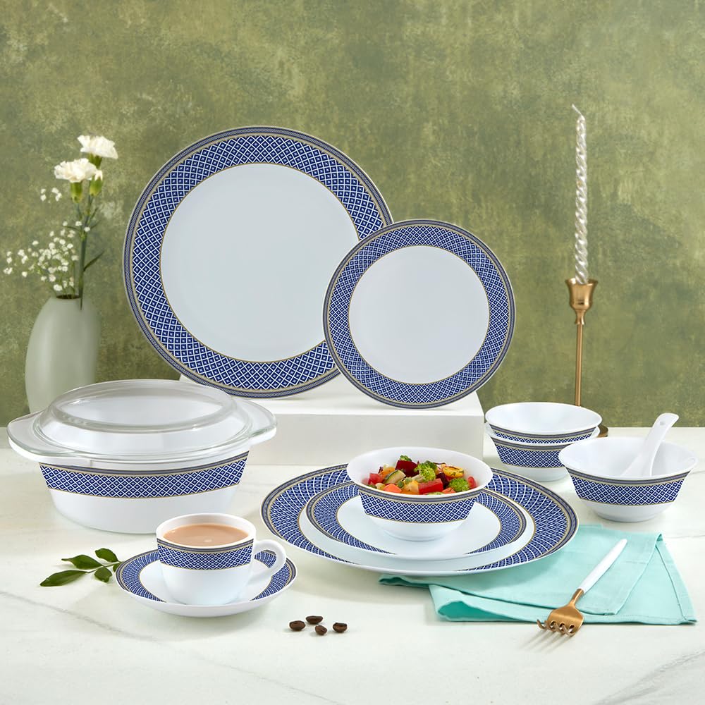 Larah By Borosil Opalware Dinner Set | 62 Pcs For Family Of 8 | Microwave & Dishwasher Safe | BoneAsh Free | Crockery Set For D