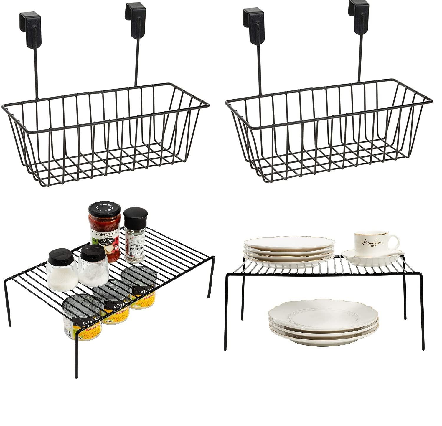 12For Collection 4 Combo 2Pcs Black Metal Cabinet Hanging Door Basket, Door Storage For Kitchen, And 2 Pcs Multipurpose Dish Rac