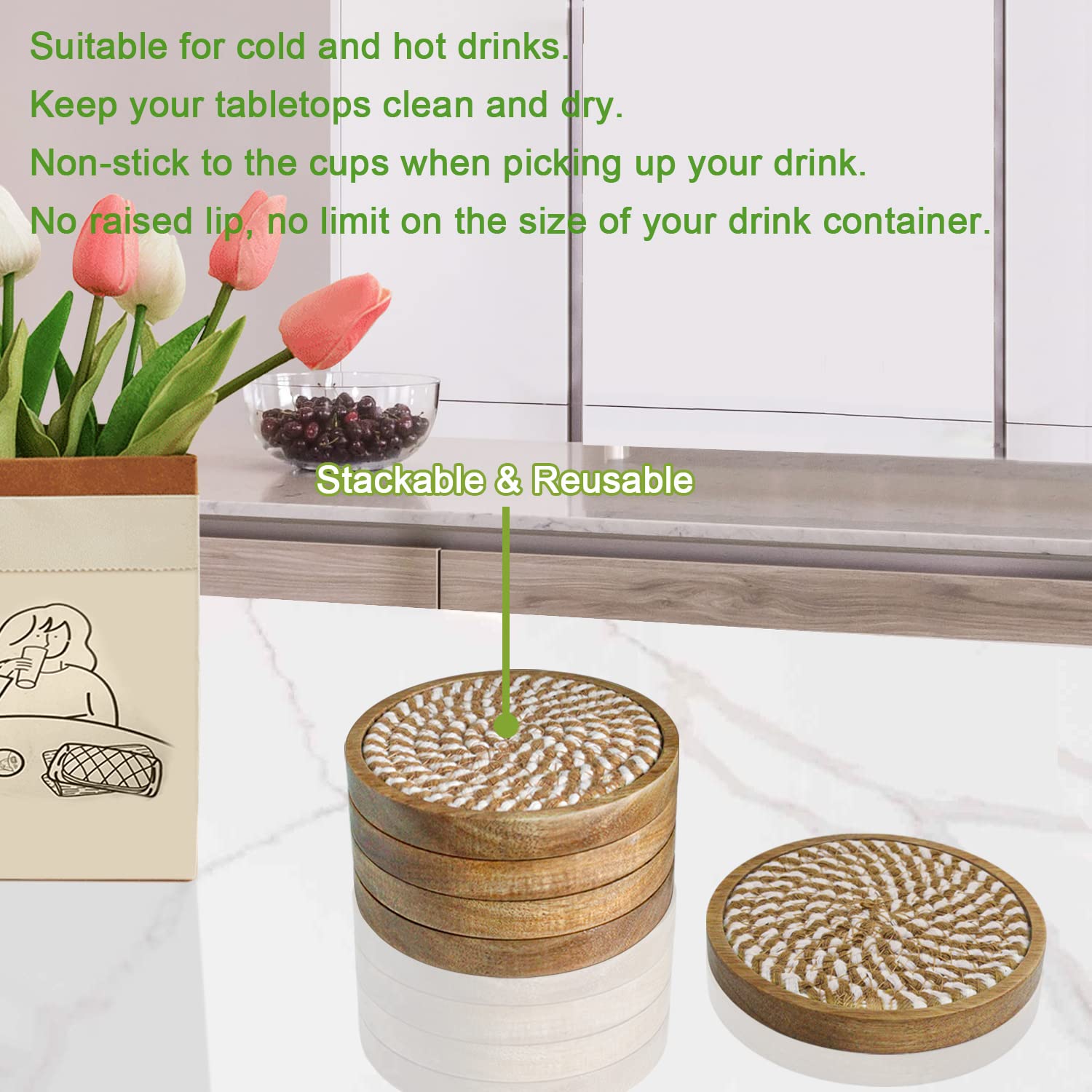 Eykao 5 Pack Coasters For Drinks Absorbent, 4.3 Inches Woven Coasters For Coffee Tables, Wooden Drink Coasters For Table Protect