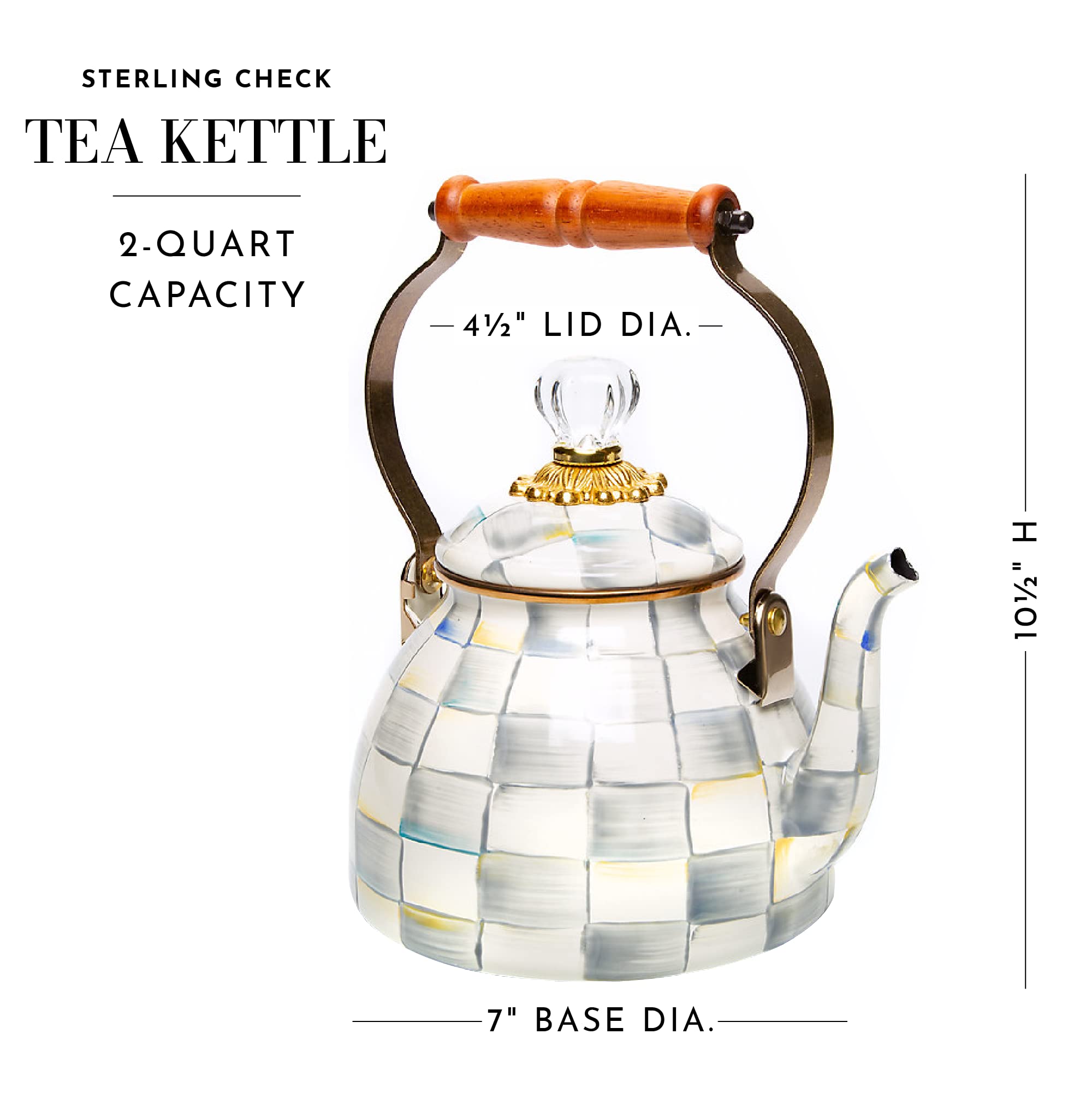 Mackenzie-Childs Sterling Check Enamel Tea Kettle, Decorative Tea Kettle, 2-Quart Capacity