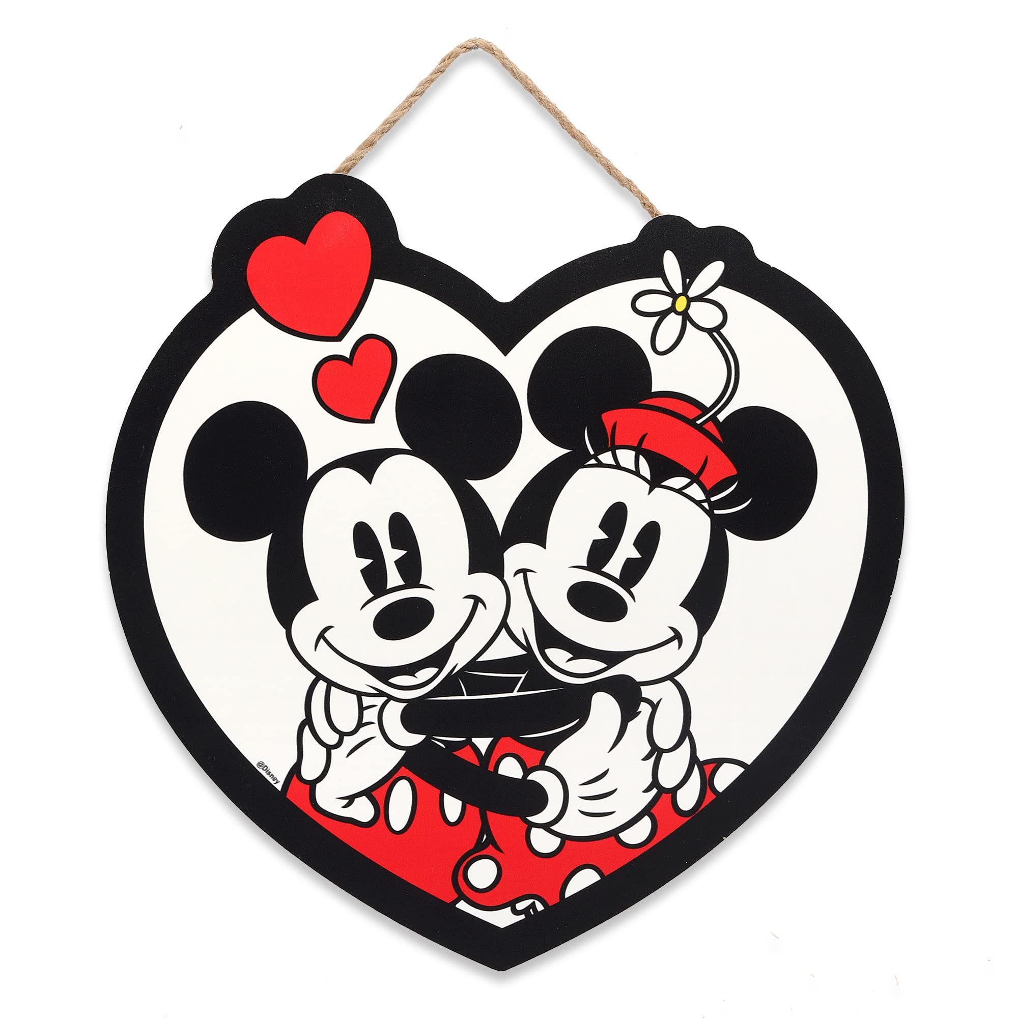 Open Road Brands Disney Mickey Mouse And Minnie Mouse Hanging Wood Sign - Heart Shaped Mickey Mouse Wall Art