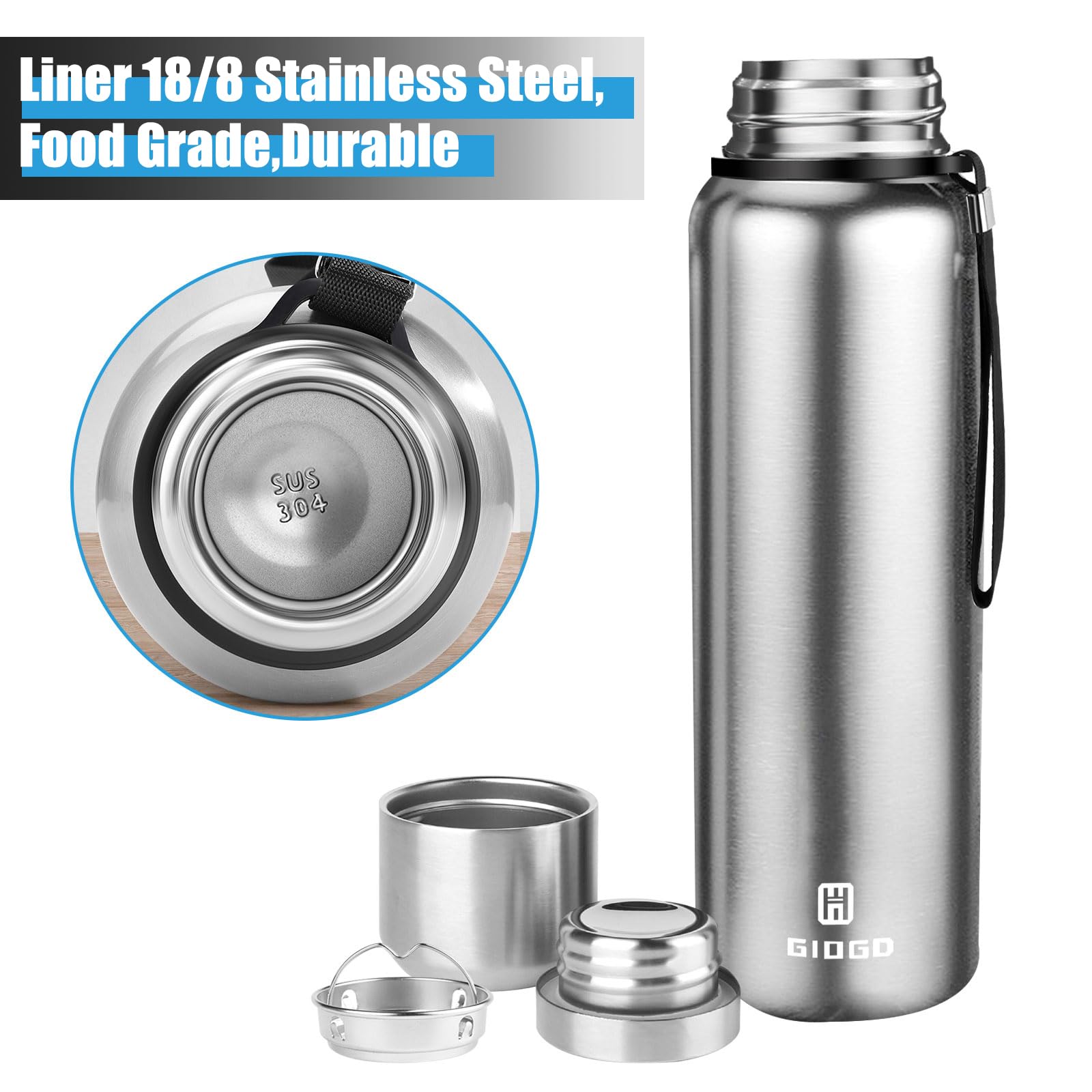 Insulated Vacuum Thermo Bottle 1500Ml/50.7Oz With Cup Stainless Steel Coffee Bottles For Hot And Cold Drink Water Flask.(Silver,