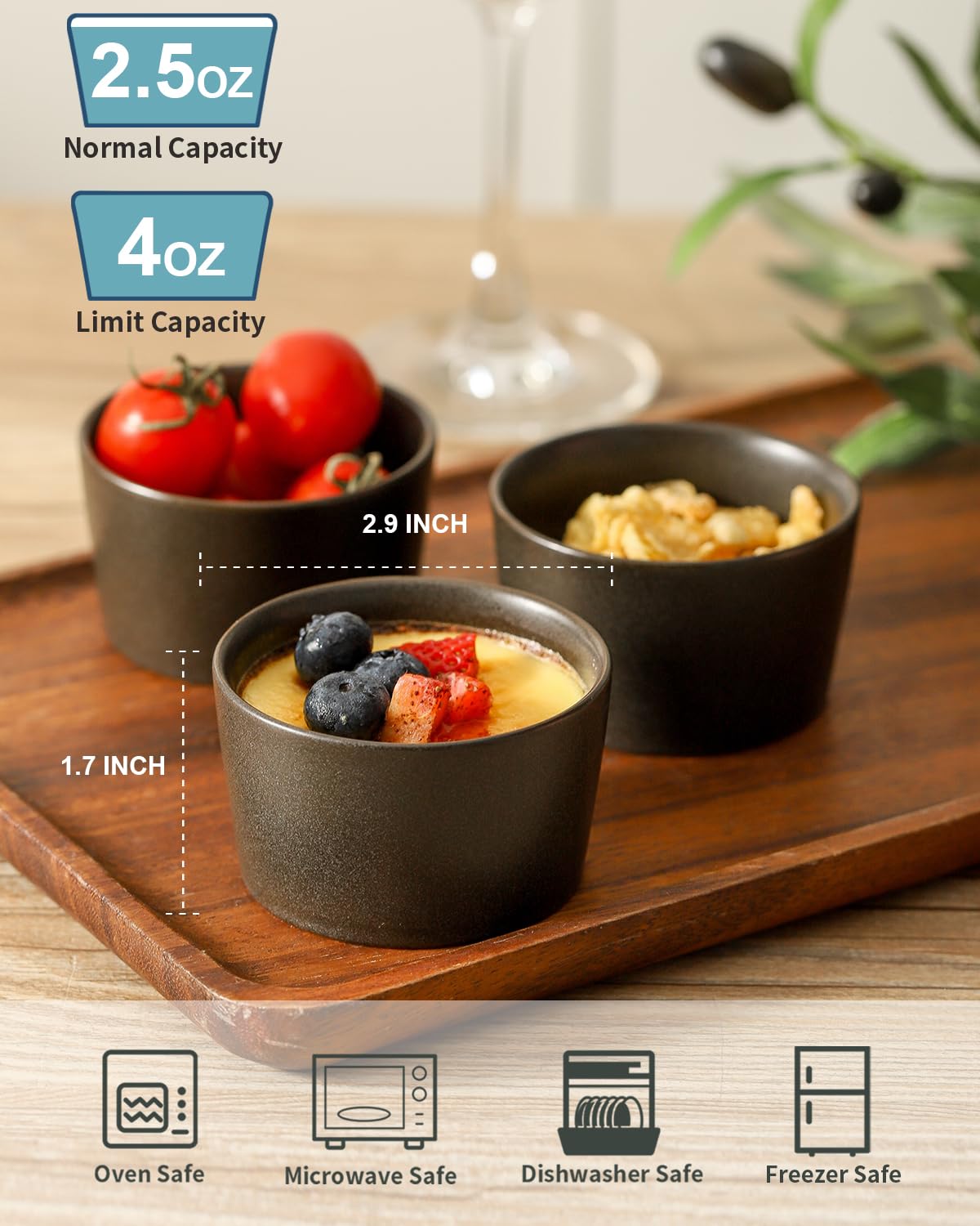 Tikooere Ramekins 2.5 oz, Oven Safe Souffl   Dishes for Creme Brulee, Souffle, Pudding, Ice Cream, Stoneware Custard Cups for Ba