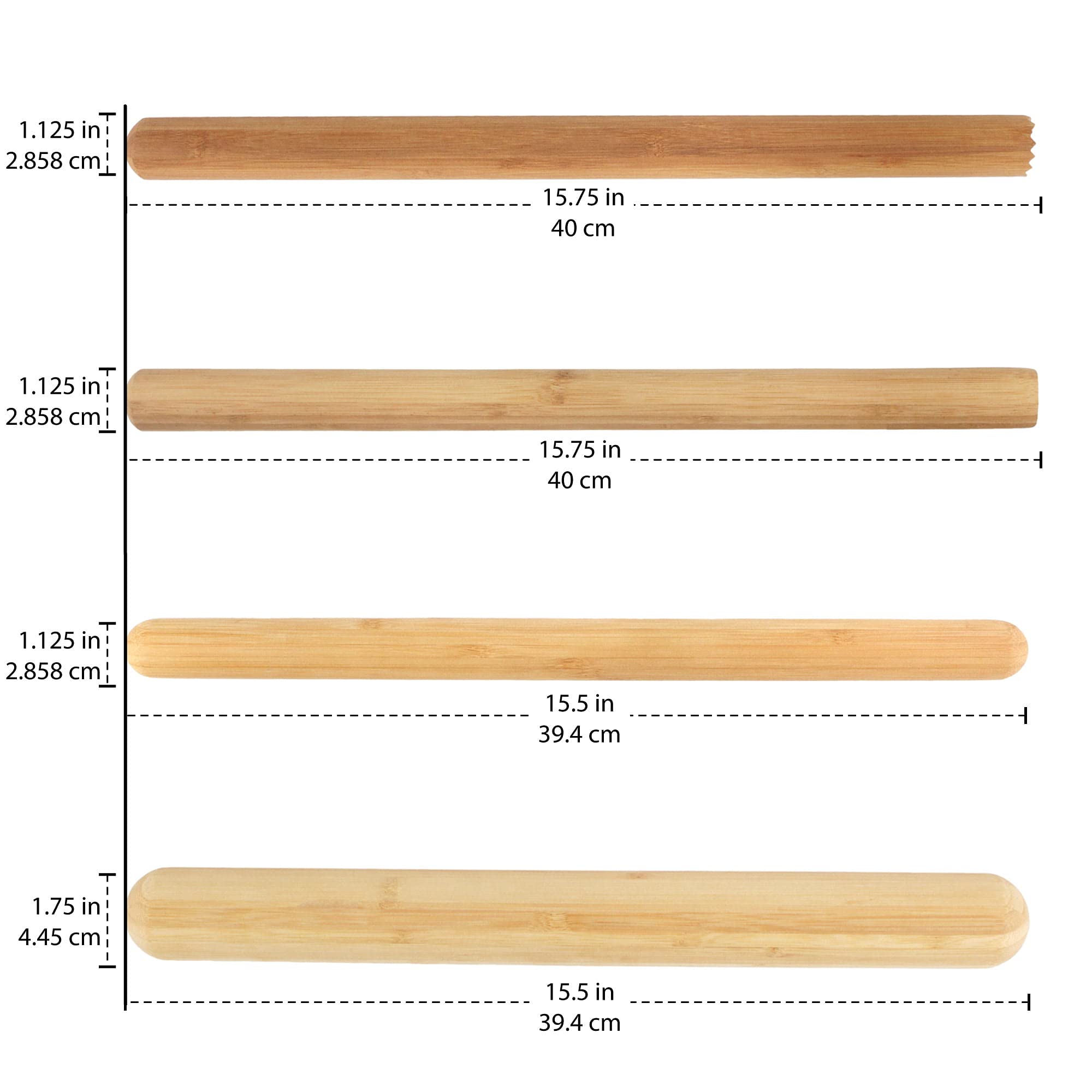 Bamboo French Style Rolling Pin Assortment - 1 Thick/1 Thin W/Rounded Ends - 1 Each