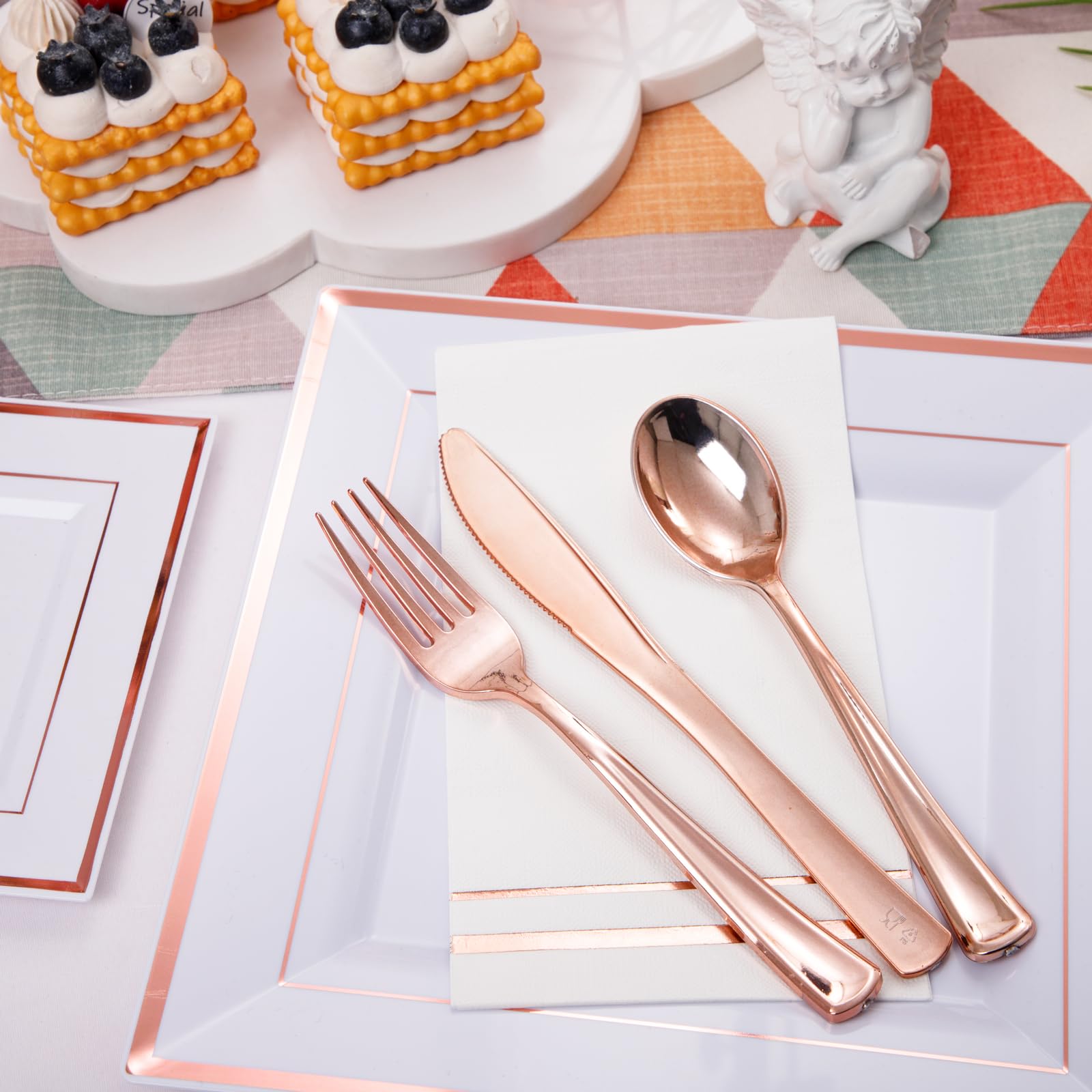 Festiva 350Pcs Rose Gold Plates And Napkins Party Supplies-Square White And Rose Gold Plates Disposable Dinnerware Include Plate