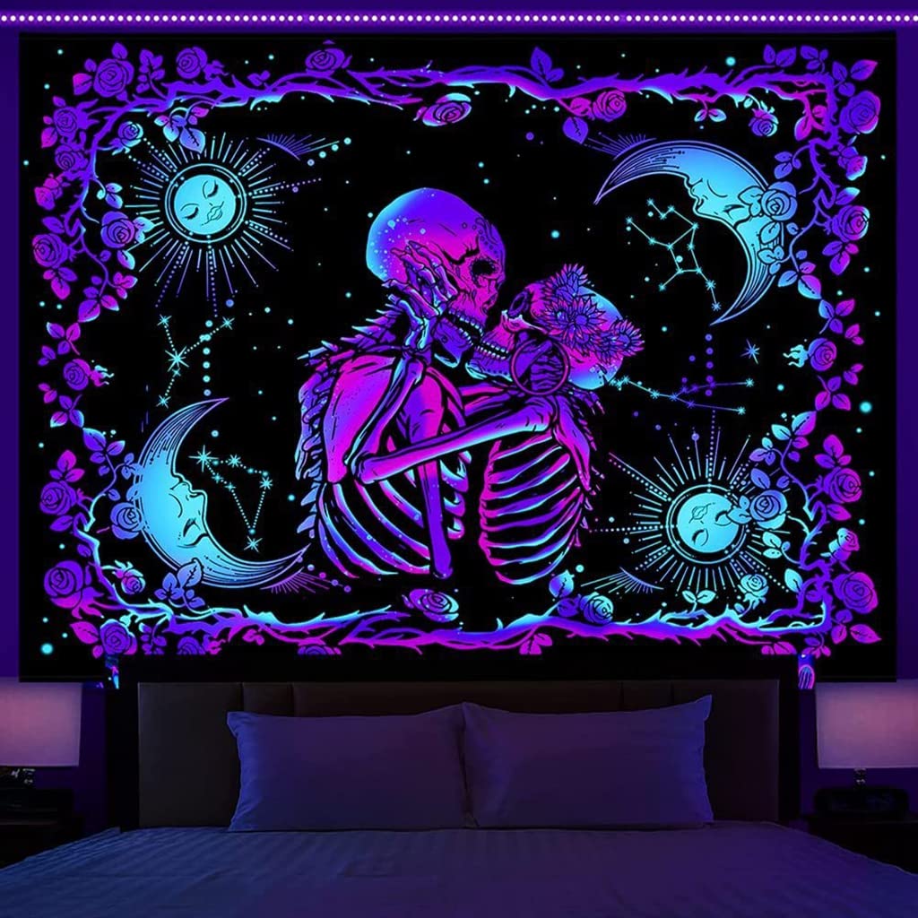 Hasthip Uv Luminous Skull Tapestry, Uv Reactive Glow In The Dark, The Kissing Lovers Tapestry, Skeleton Wall Art For Bedroom Liv