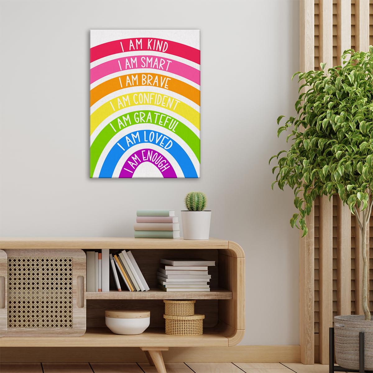 Rainbow Kids Affirmations Wall Art Canvas Painting Print Framed I Am Kind Smart Loved Artwork Canvas Sign for Nursery Decor (12x