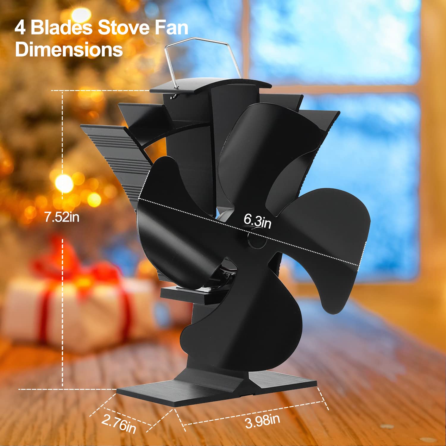 Tomersun Stove Fan 4 Blades Wood Stove Fan Silent Heat Powered Wood Burner Fan for Log Burner/Fireplace/Wood Burning Stove