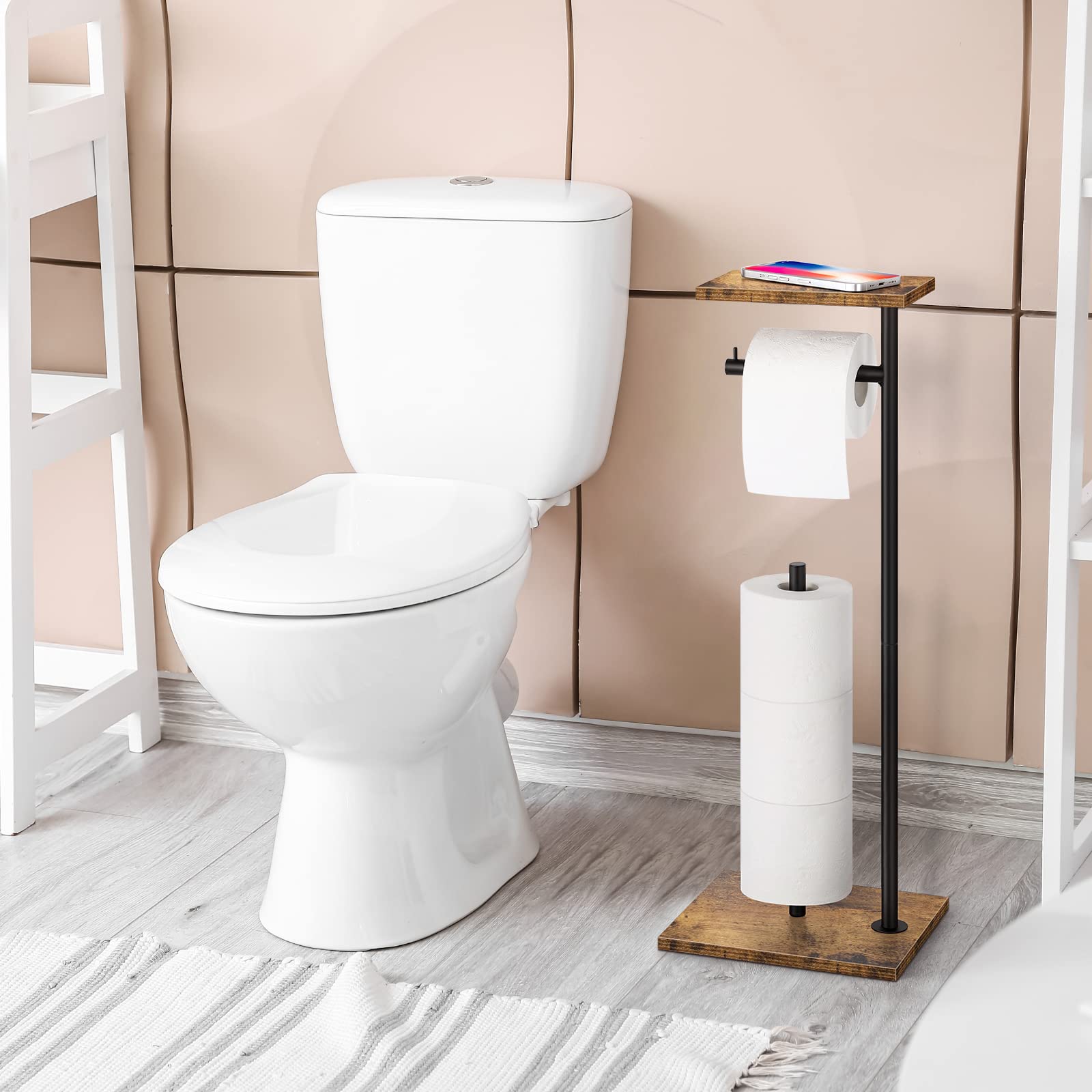 Toilet Paper Holder Stand Freestanding Tissue Paper Roll Holder With Shelf Farmhouse Toilet Paper Dispenser For Bathroom Toilet