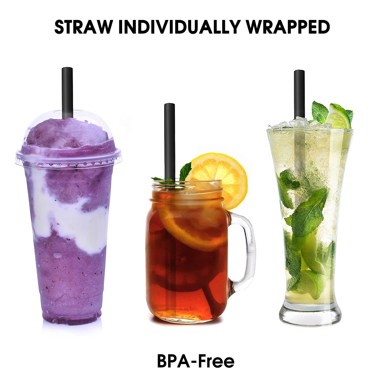 RENYIH 100 Pcs Black Boba Straws Jumbo Smoothie Straws Individually Wrapped Disposable Plastic Large Wide-mouthed Milkshake Drinking Straws(0.43'' Wide X 9.45'' Long)