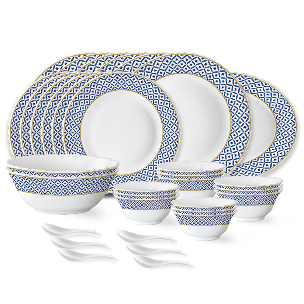 Larah By Borosil Juliet Fluted Series Opalware Dinner Set | 33 Pieces For Family Of 6 | Microwave & Dishwasher Safe | BoneAsh F