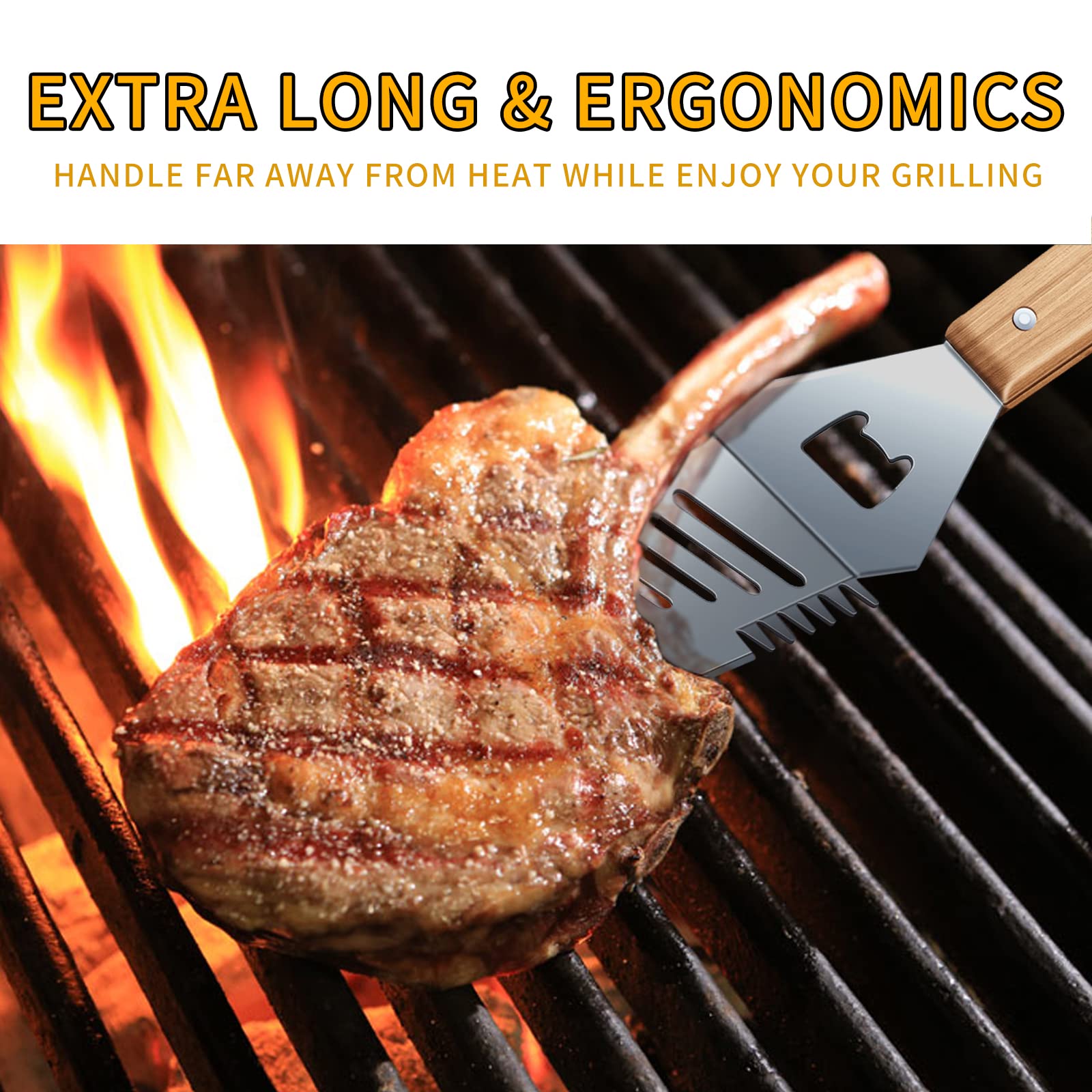 Qinshaine 4-in-1 BBQ Spatula  Multifunction Grill Spatula with Wooden Handle  perfect for BBQ grills and kebabs for camping picnics.