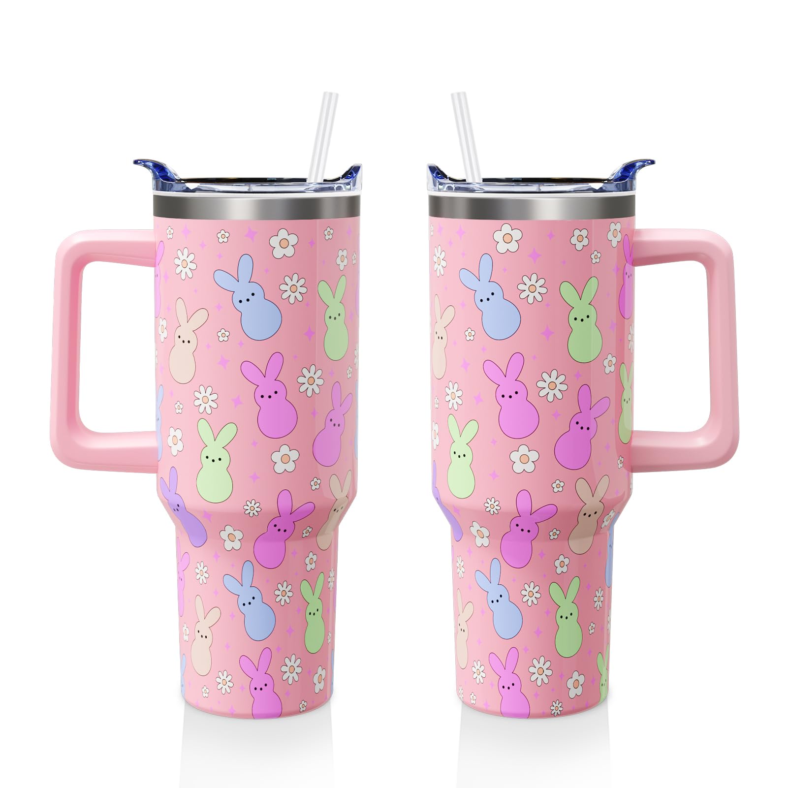 Aokoyi Easter Day Gifts 40oz Tumbler with Handle and Straw, Cute Bunnies Buddies Spring Stainless Steel Insulated Cup, Colorful 