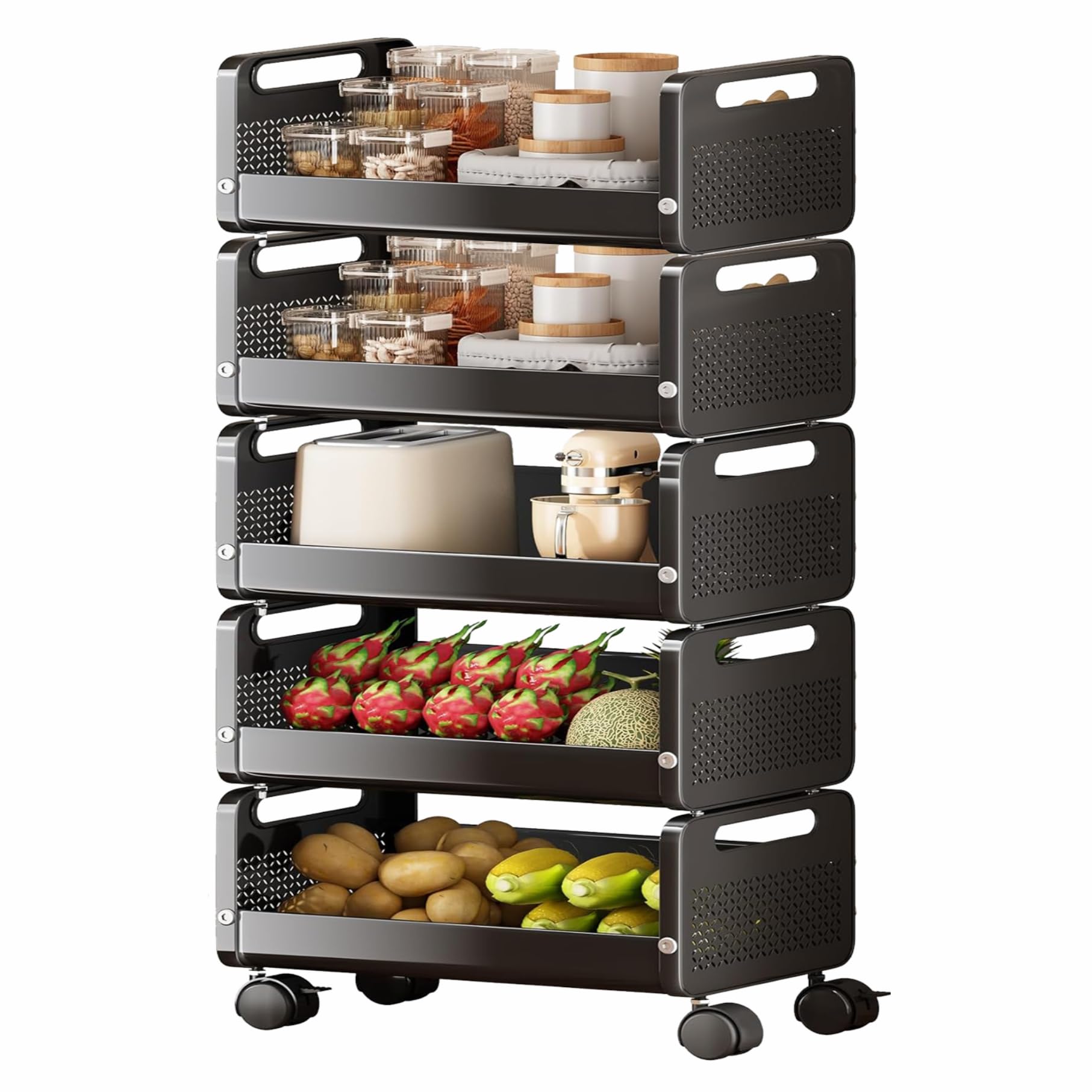 Jd Fresh Rolling Metal Utility Cart/Stackable Storage Baskets With Lockable Wheels/Container Basket/Heavy Durable Organizer Trol