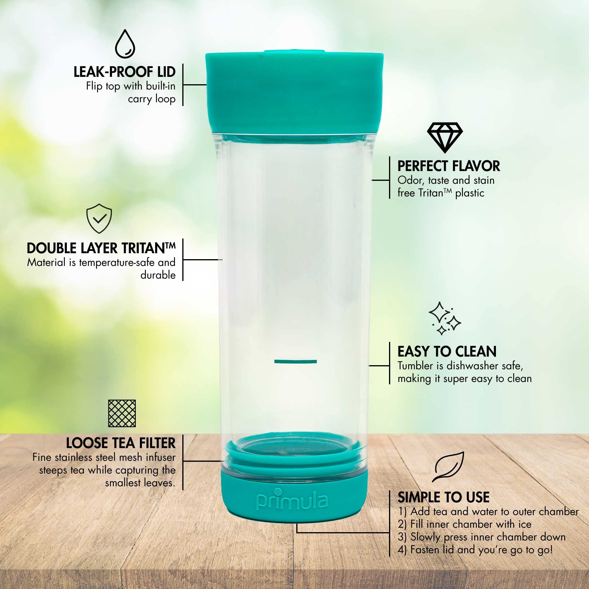 Primula Iced Tea Brewer & Tumbler, Double Wall Travel Mug, Stainless Steel Infuser, Leakproof, BPA-Free, 1 Count, Teal