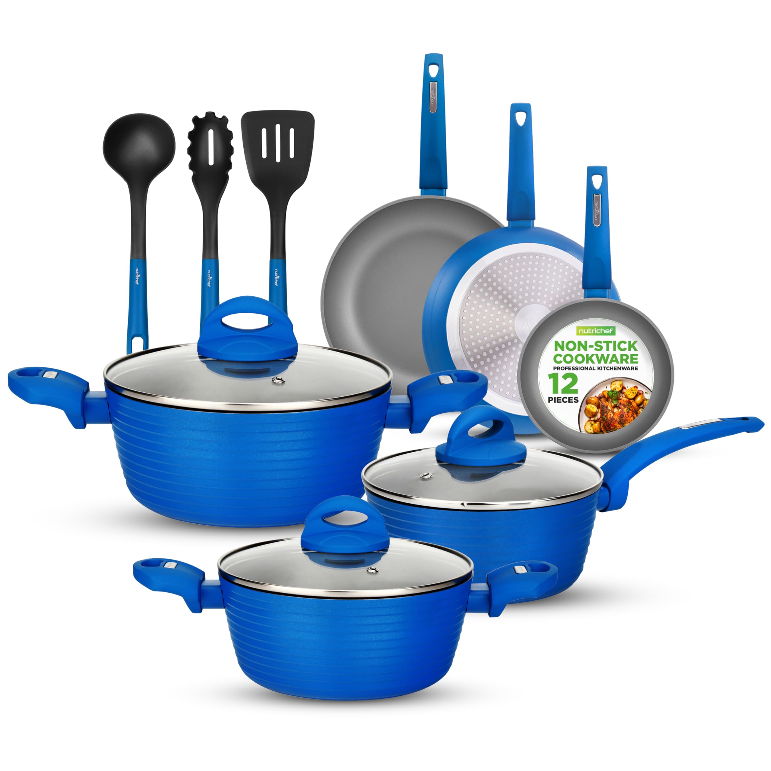 NutriChef 12-Pc Blue Nonstick Cookware Set - Professional Pots & Pans with Durable Coating, All Cooktops Compatible, Including I