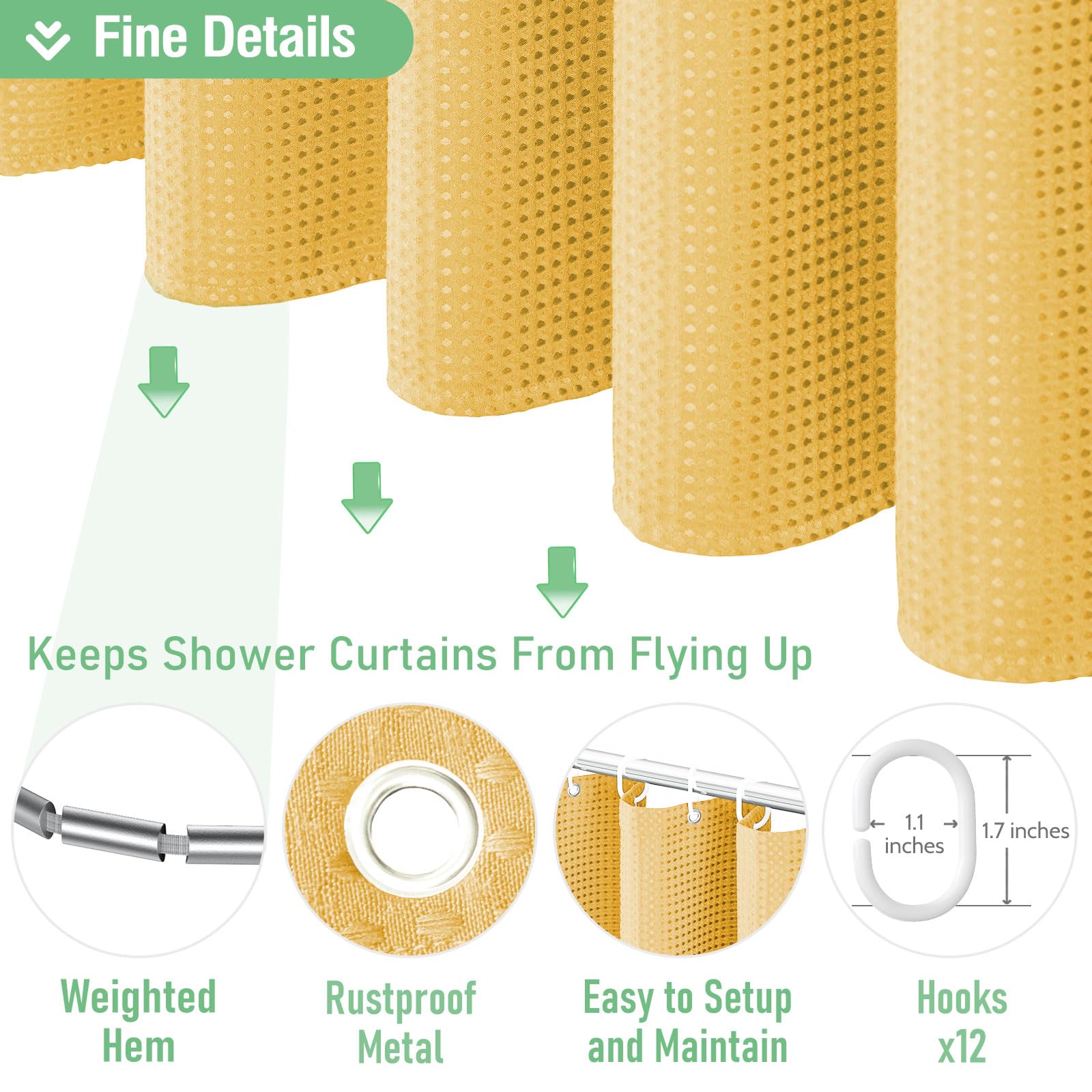 Dynamene Extra Long Shower Curtain - 84 Inch Long Waffle Weave Heavy Duty Fabric Bathroom Shower Curtain  Neutral Weighted Hotel Thick Bath Curtain Set with 12 Plastic Hooks 72x84  Gold