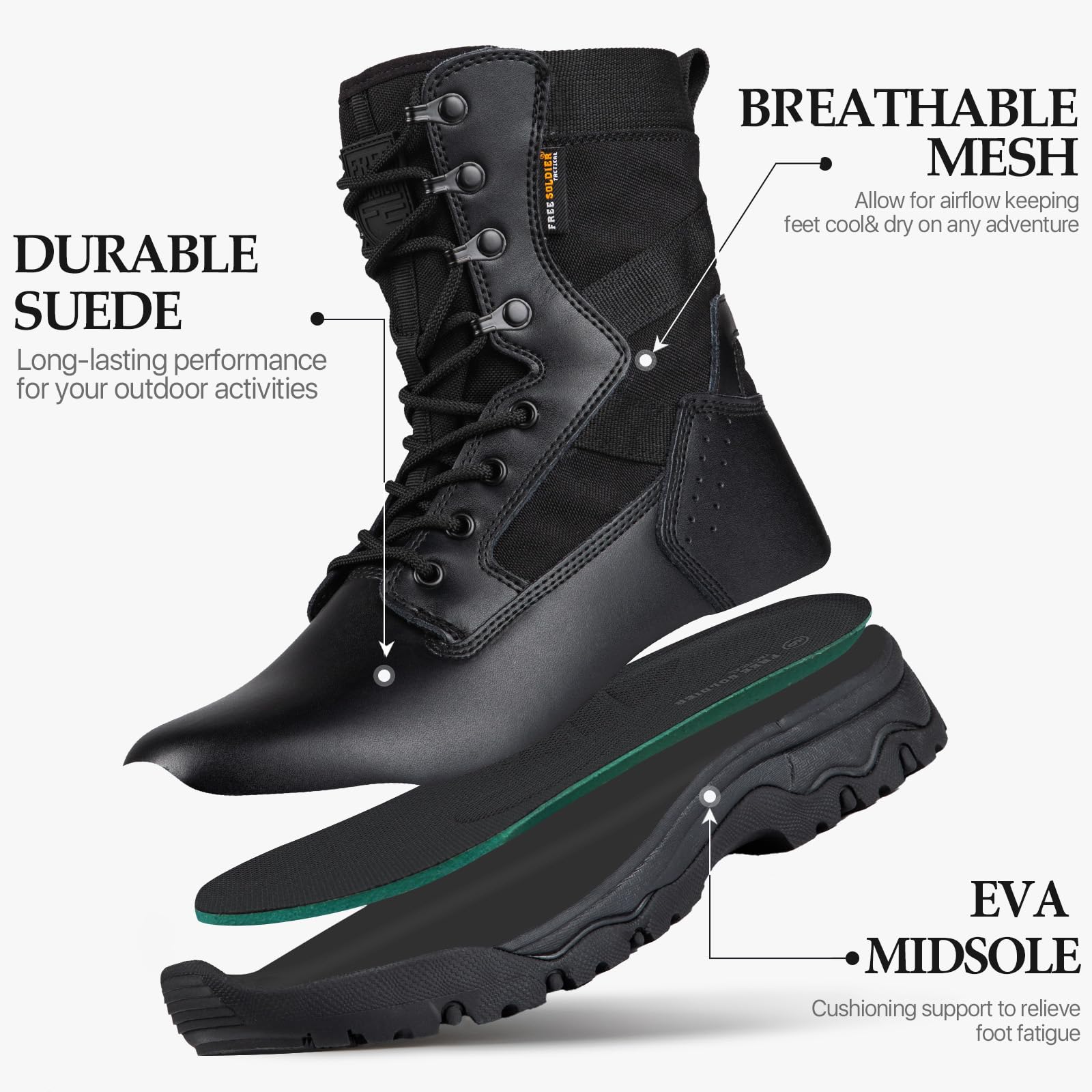 Free Soldier Menas Tactical Boots 8 Inches Lightweight Combat Boots Durable Suede Leather Military Work Boots Desert Boots(Black