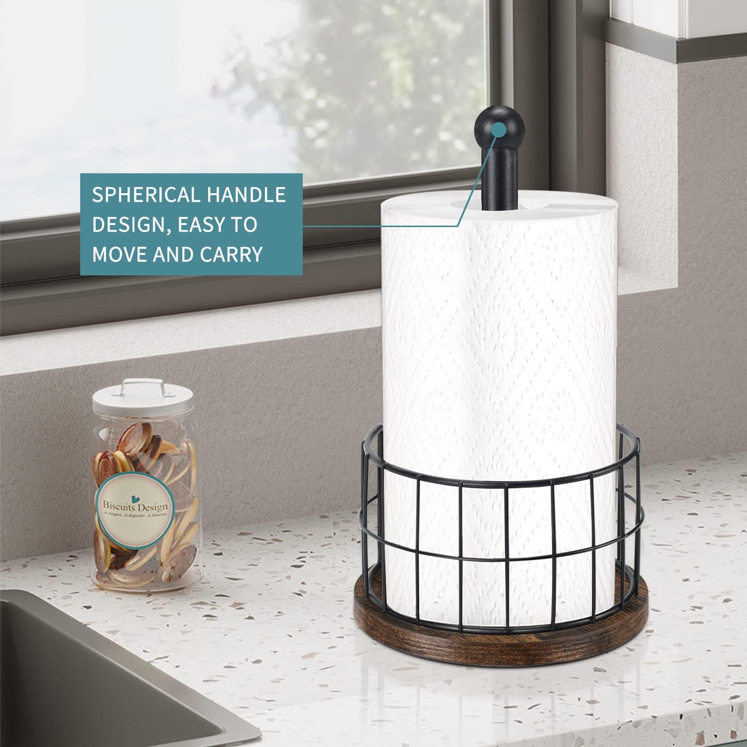 Yinmit Paper Towel Holder Countertop, Standing Paper Towel Roll Holder For Bathroom, Paper Towel Rack With Heavy Duty Wooden Bas