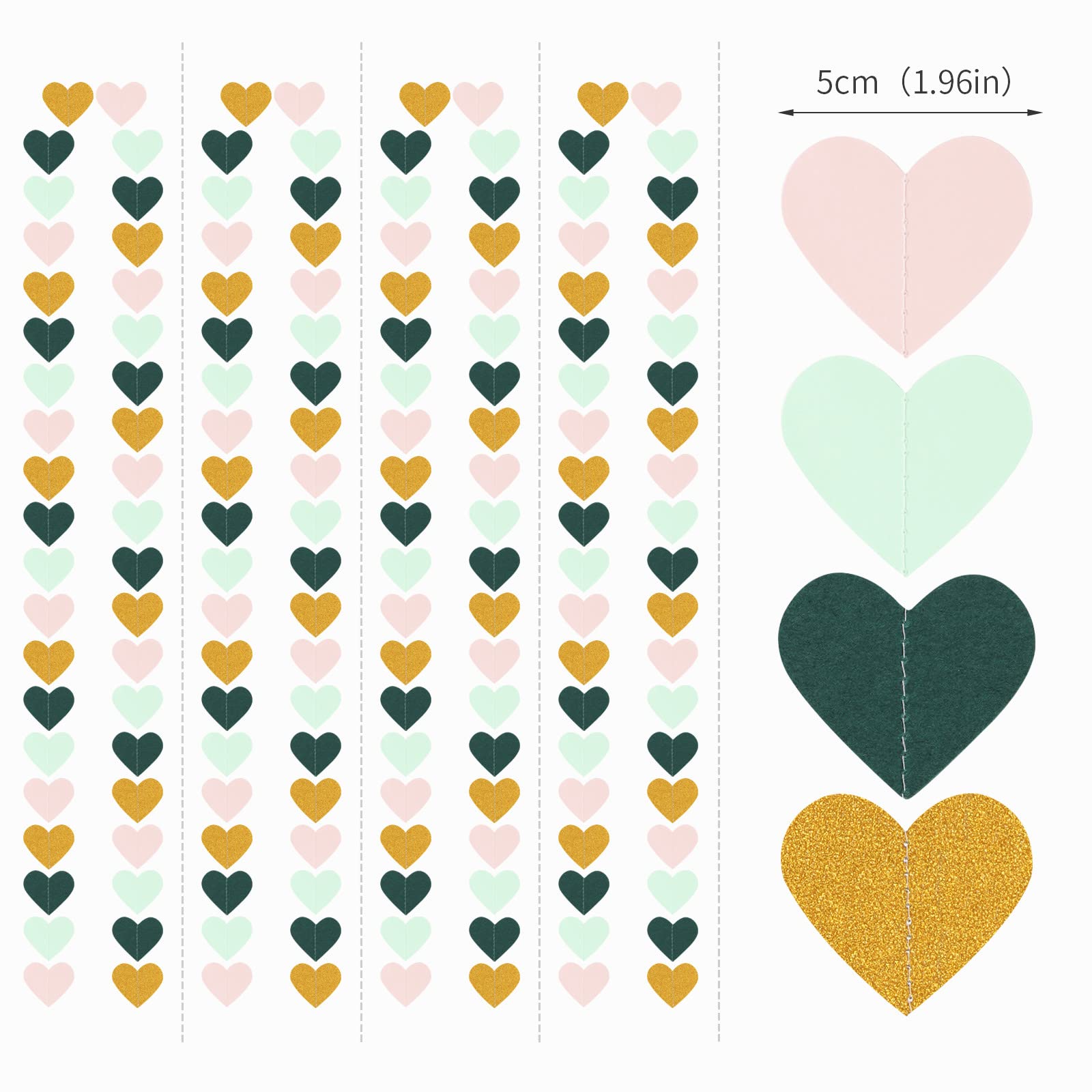 Sage-Green Mint Pink-Gold Love-Heart Garland - 52Ft Rustic Wedding Hanging Decoration Streamers Banner,Valentines Mothers Day Ba