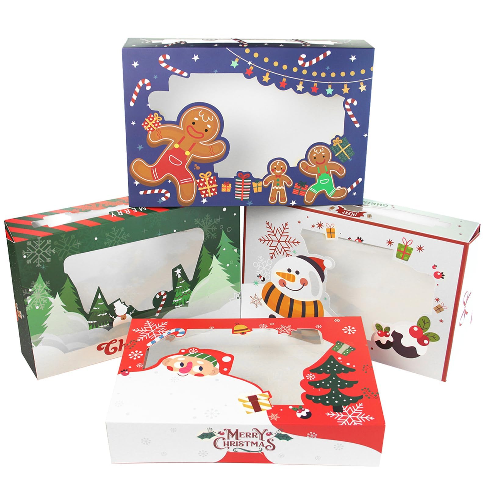 qiqee Christmas Cookie Boxes for Gift Giving 8x5.3x2 inch 24Packs Christmas Bakery Box with Window Treat Box for Donuts Candies 