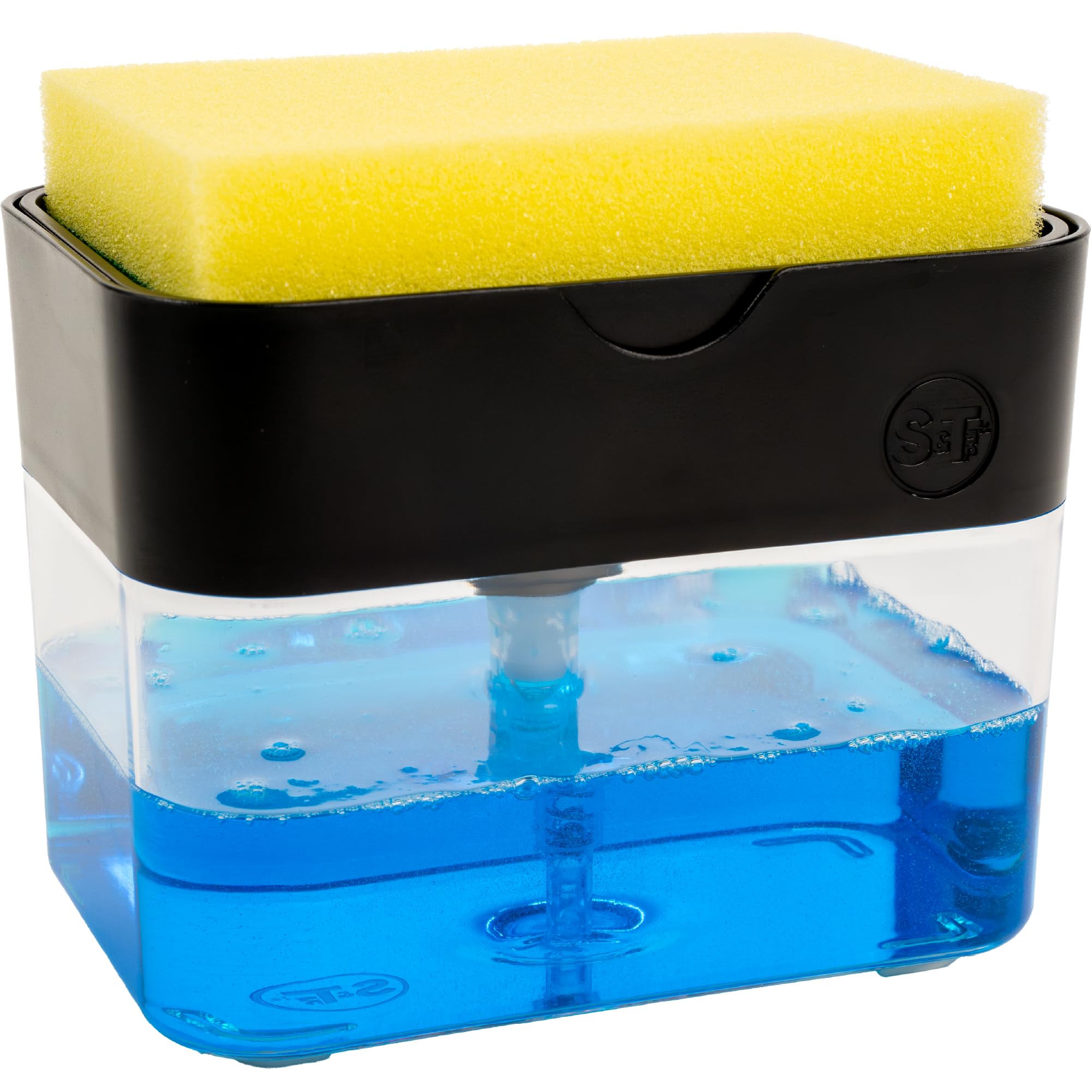S&T INC. Dish Soap Dispenser and Sponge Holder for Kitchen Sink with Enhanced Features  Sponge Included  13 Ounces  Matte Black