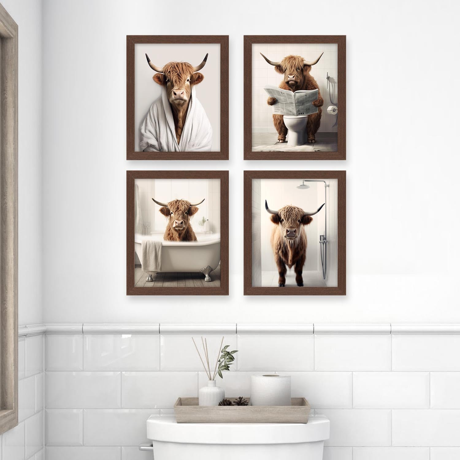Heilkee Funny Highland Cow Bathroom Decor Animal Bathroom Wall Art Brown Cattle In Bathtub Picture Rustic Farmhouse Style Poster