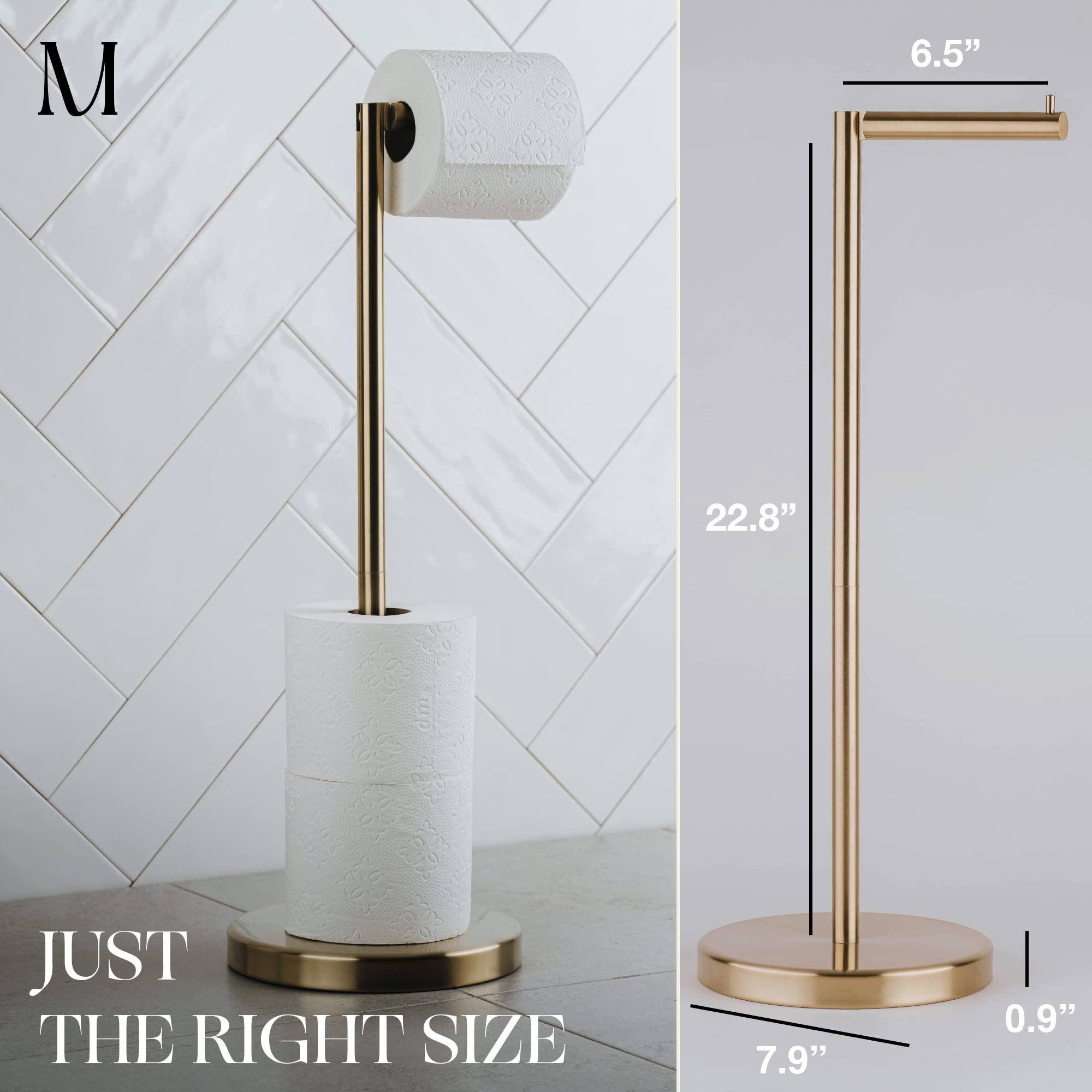 MARMOLUX ACC Free Standing Toilet Paper Holder Stand with Storage for 4 Rolls of Toilet Tissue for Bathroom  Stainless Steel Luxury Brushed Gold