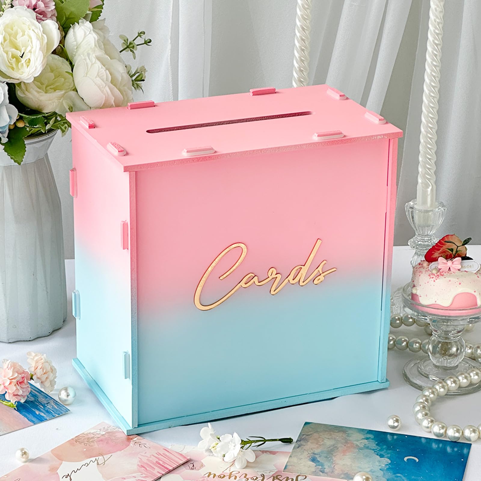 OurWarm Pink and Blue Wedding Card Box, PVC Gift Card Box for Wedding Reception Decorations, Money Gift Boxes with Gold Letters 
