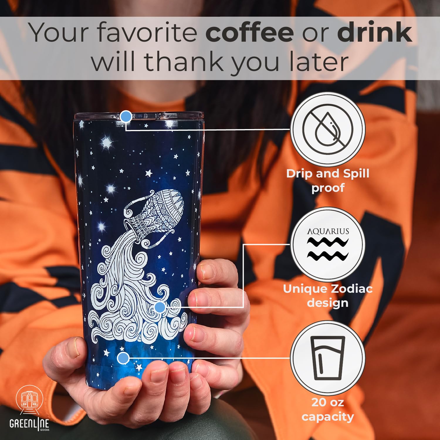 Greenline Goods Zodiac Insulated Coffee Tumbler - Aquarius 20 Oz Metal Drink Cup With Slide Top Lid - Non Slip Silicone Base - A