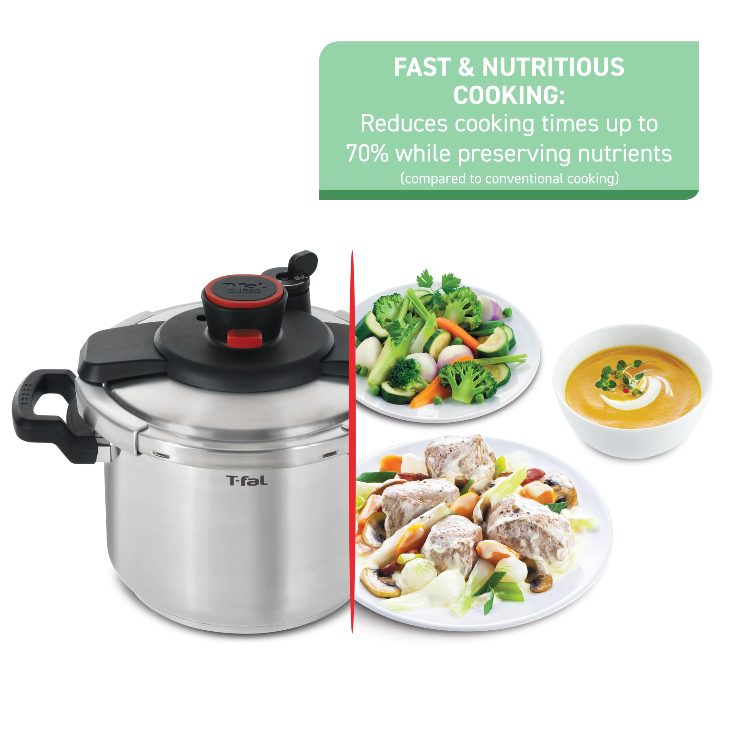 T-fal Clipso Stainless Steel Pressure Cooker 6.3 Quart Induction Cookware, Pots and Pans, Dishwasher Safe Silver