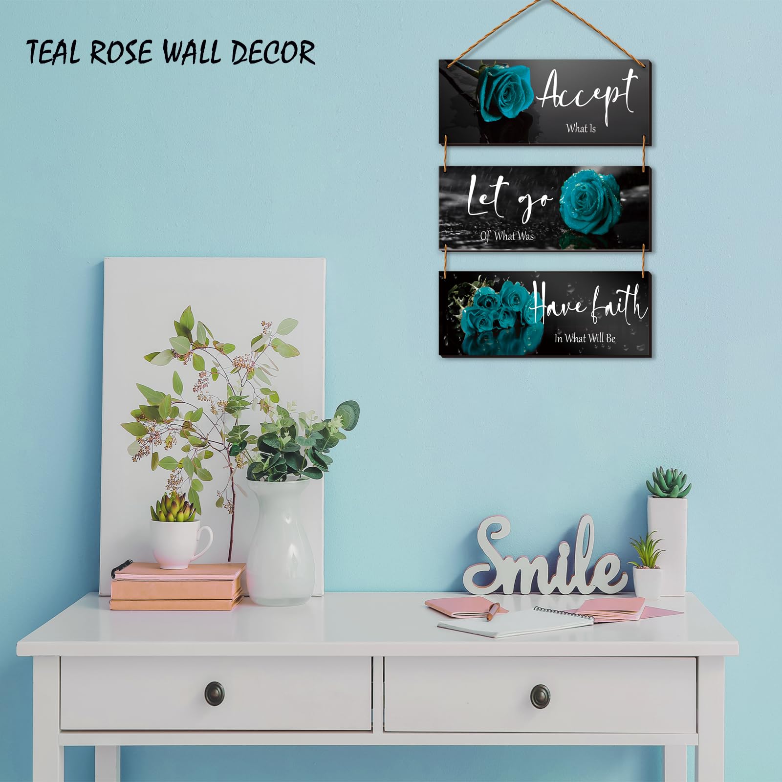 3 Pcs Wooden Teal Flower Wall Art - Teal Rose Wall Decor With Inspirational Quotes - For Women, Office, Living Room, Bedroom (10