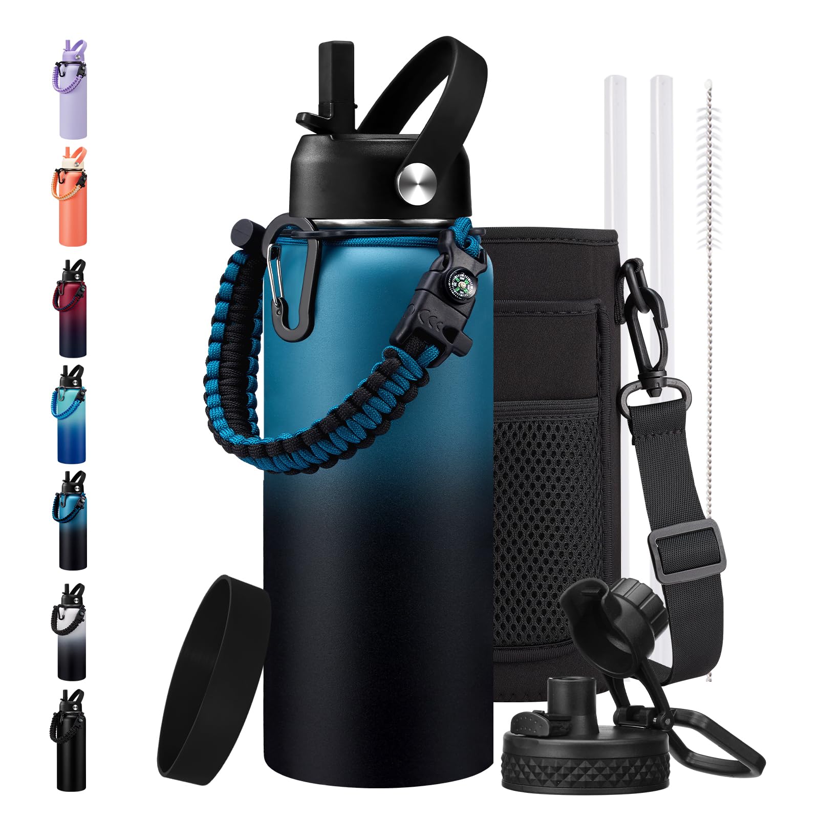 BENZZO 32/40/64/128oz Water Bottle with Straw Auto Spout Lid Keep Cold 48h, Insulated Water Bottles 32 oz with Strap Carrier, Pr