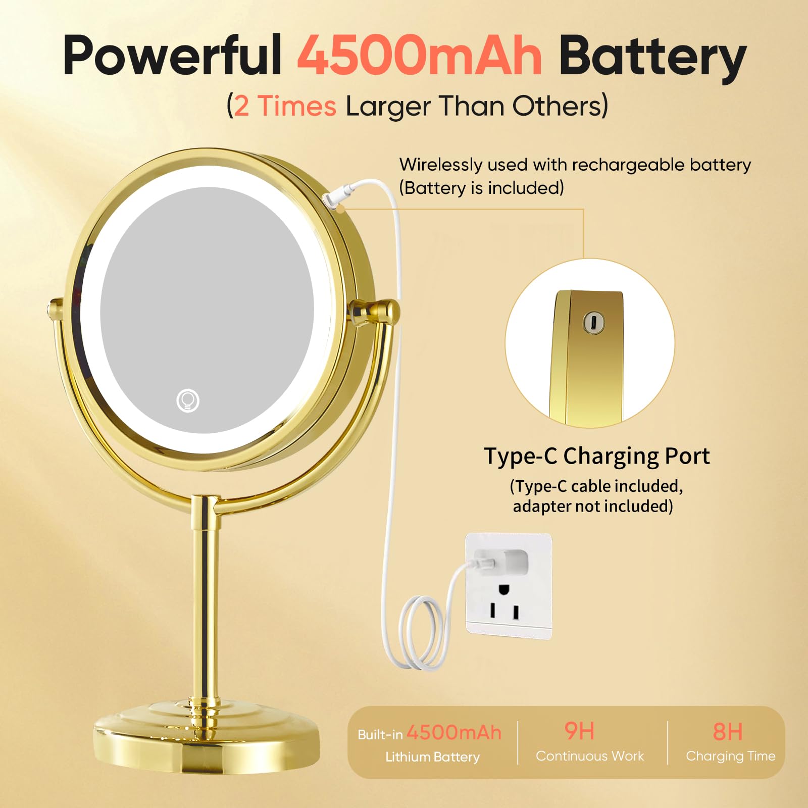 Gurun 8.5 Inch Rechargeable Led Lighted Tabletop Makeup Mirror With 10X Magnification Dimmable 3 Colors Touch Control 4500Mah Do