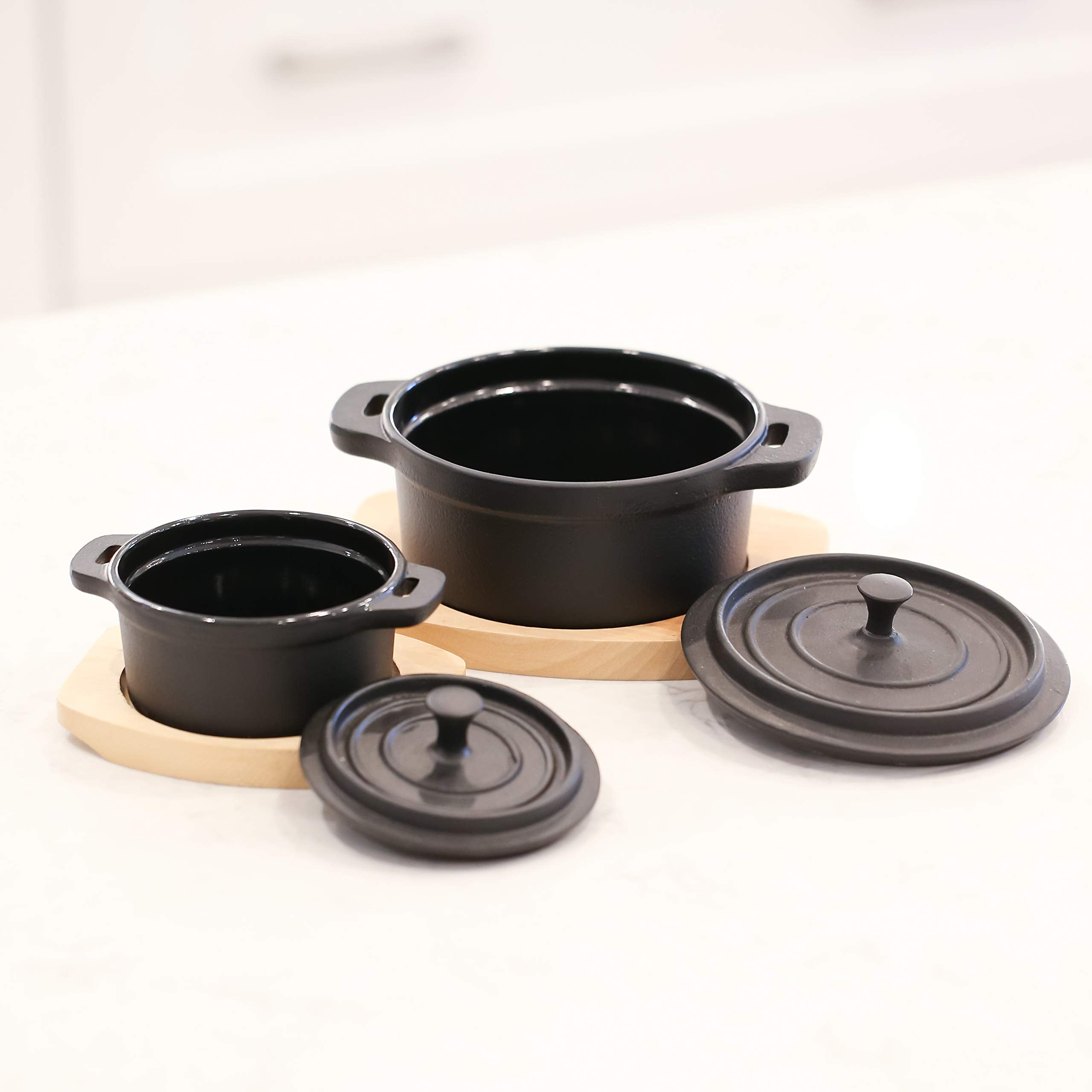 Frieling Cast Iron Mini Cocotte/Dutch Oven With Enamel Interior And Wood Trivet, 1.9 Cup, Black