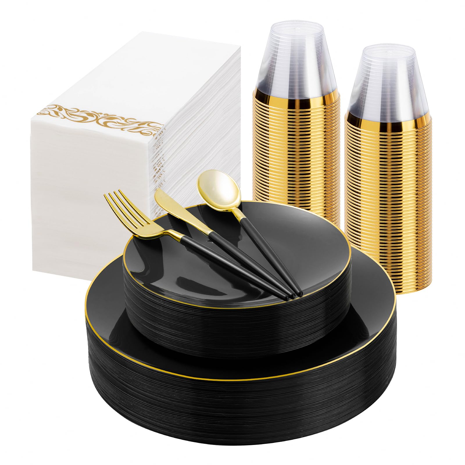 175 Pieces Black Gold Plastic Dinnerware Set, Black And Gold Disposable Plates For Party, Include 50 Black Plates With Plastic C