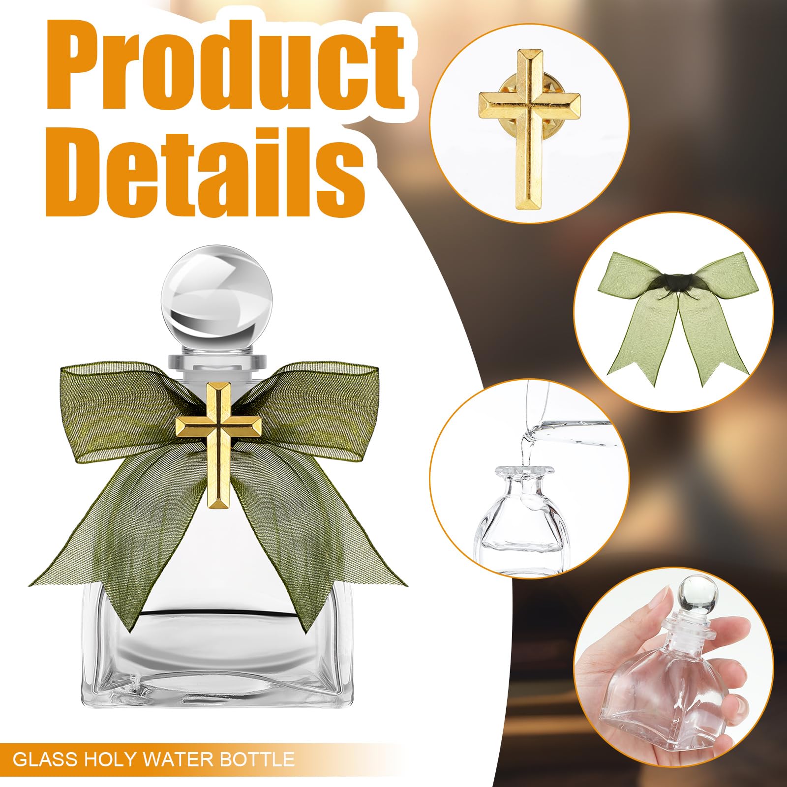 Chuangdi 48 Set Holy Water Bottles Catholic Clear Holy Water Container 50ml Christian Glass Bottle with Cross Lapel Pin and Lace