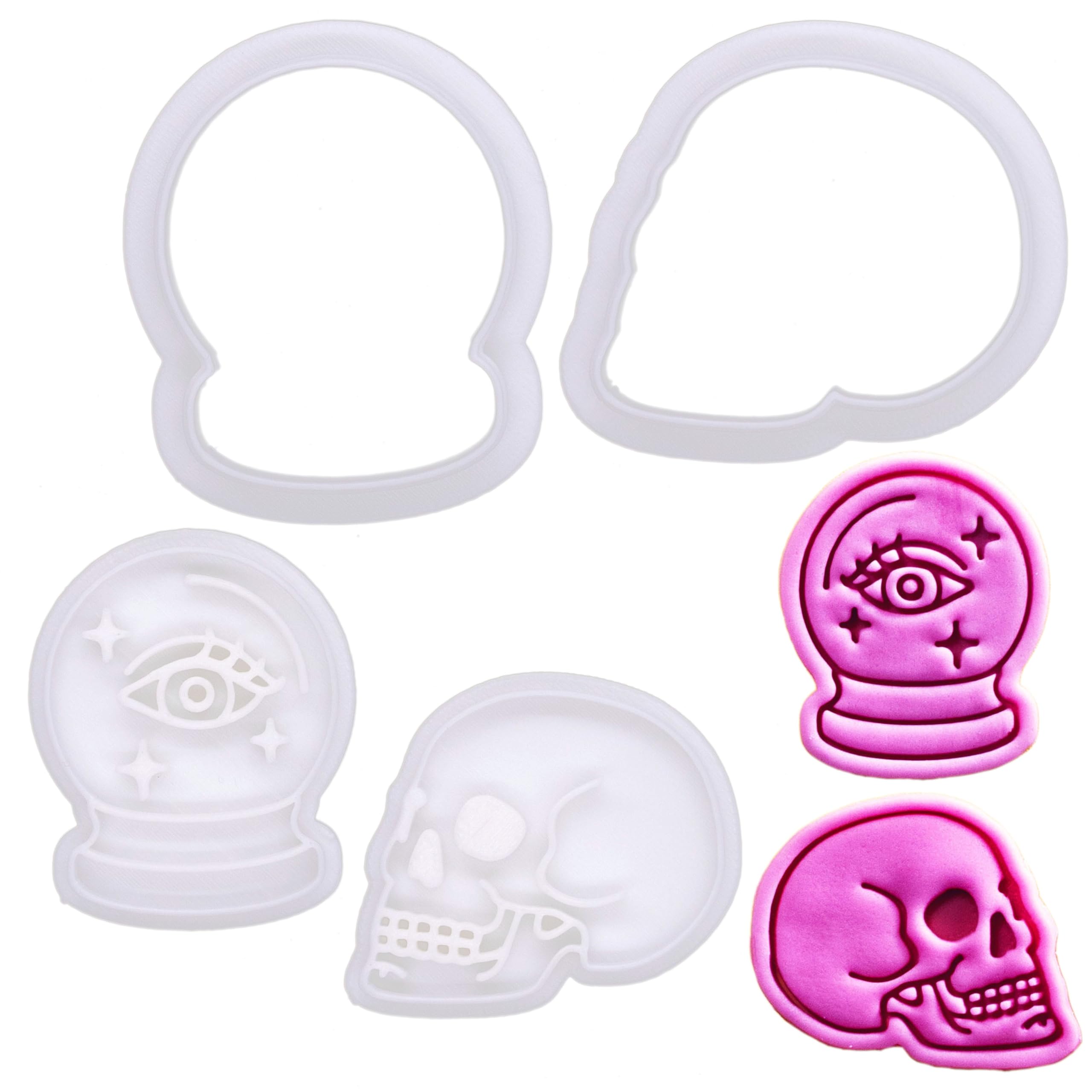BAKERLOGY Fortune & Fate Mini Skull and Crystal Ball Cookie Cutter and Stamp Set (2) - Anatomical Skull and All-Seeing Eye Cupca