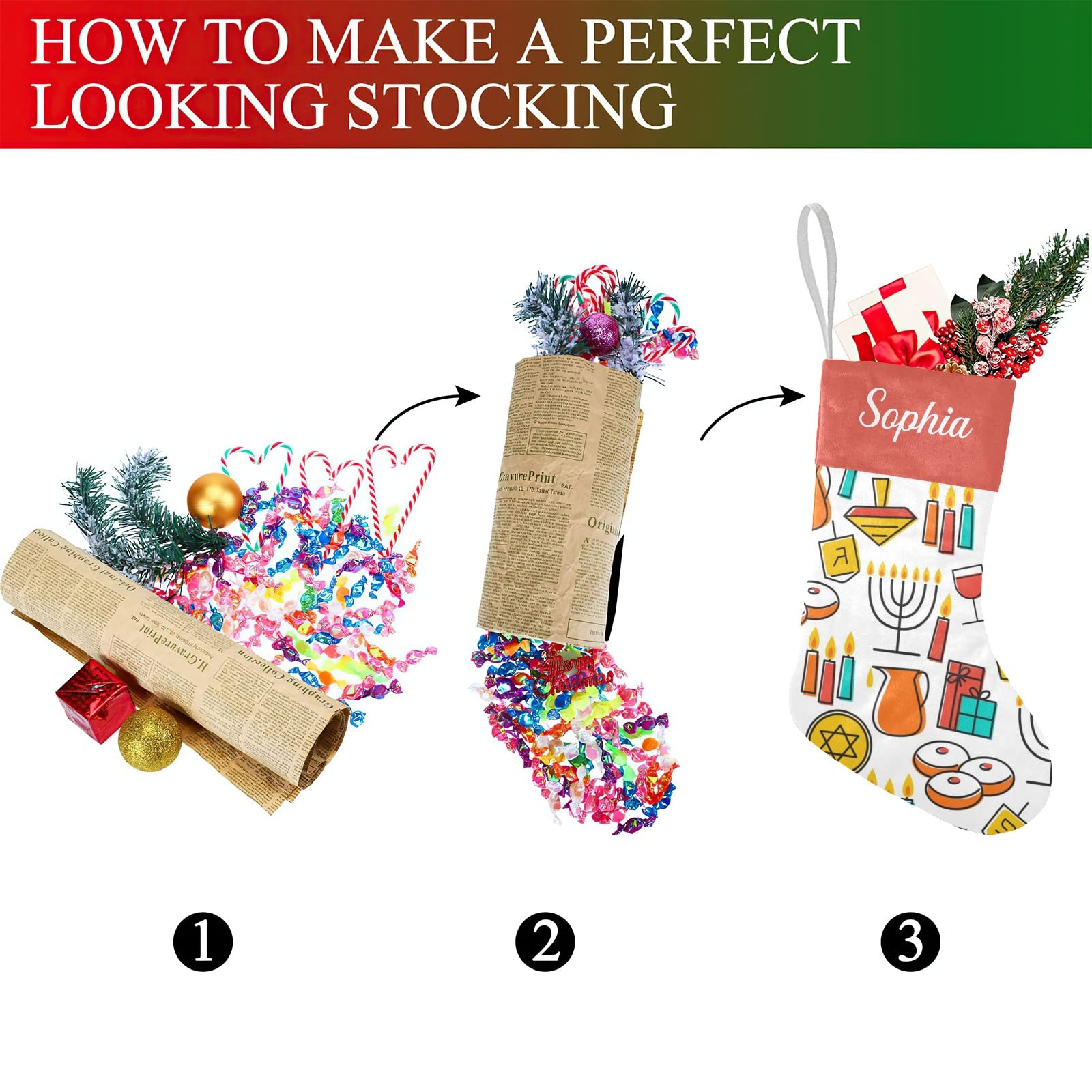 Hanukkah Seamless Pattern Christmas Stockings Custom Personalized Name Xmas Festive Gift Decor Family Party 17.52 x 7.87 Inch