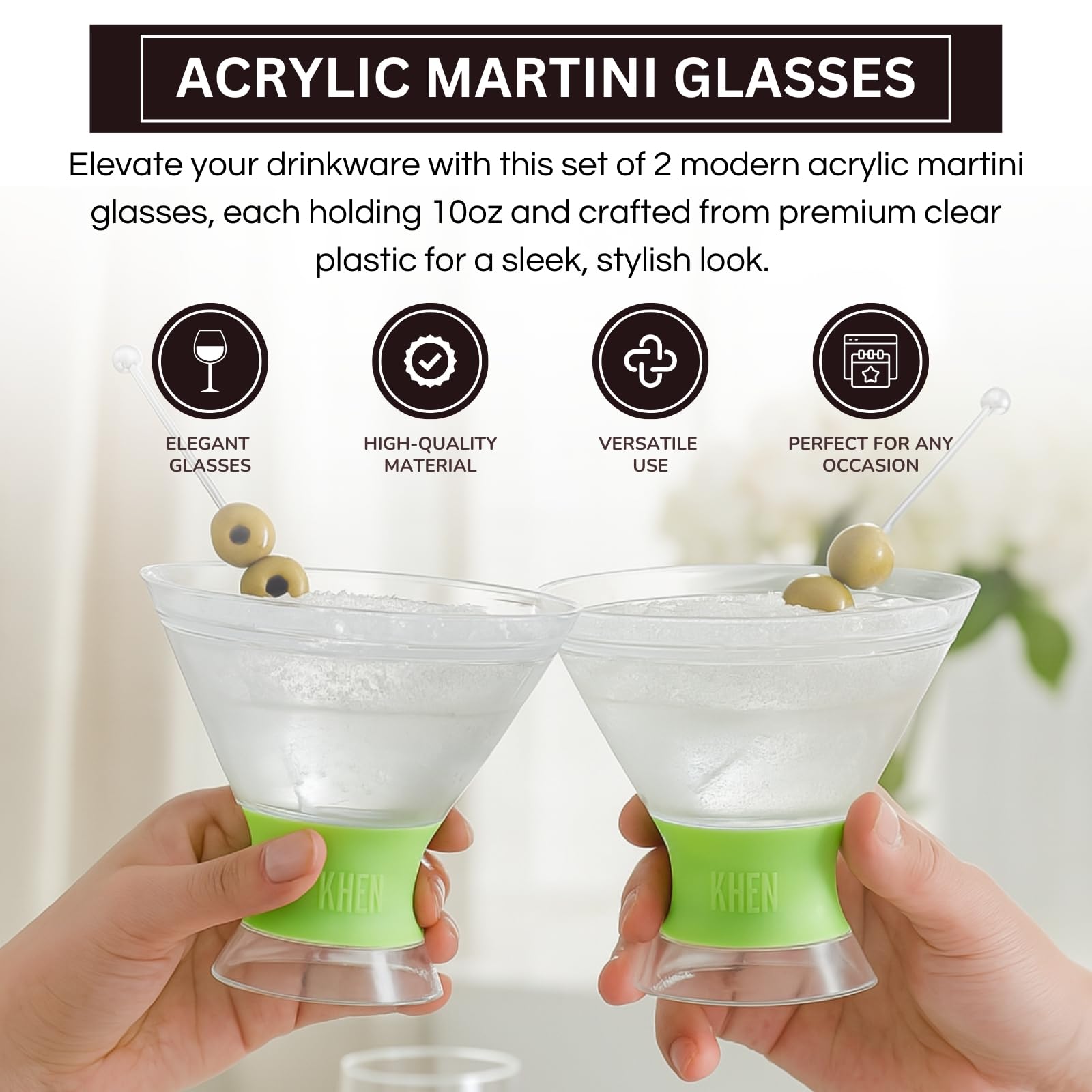 Khen Cooling Martini Glasses – Double-Wall Insulated 10 oz Cocktail Glasses with Frosted Base