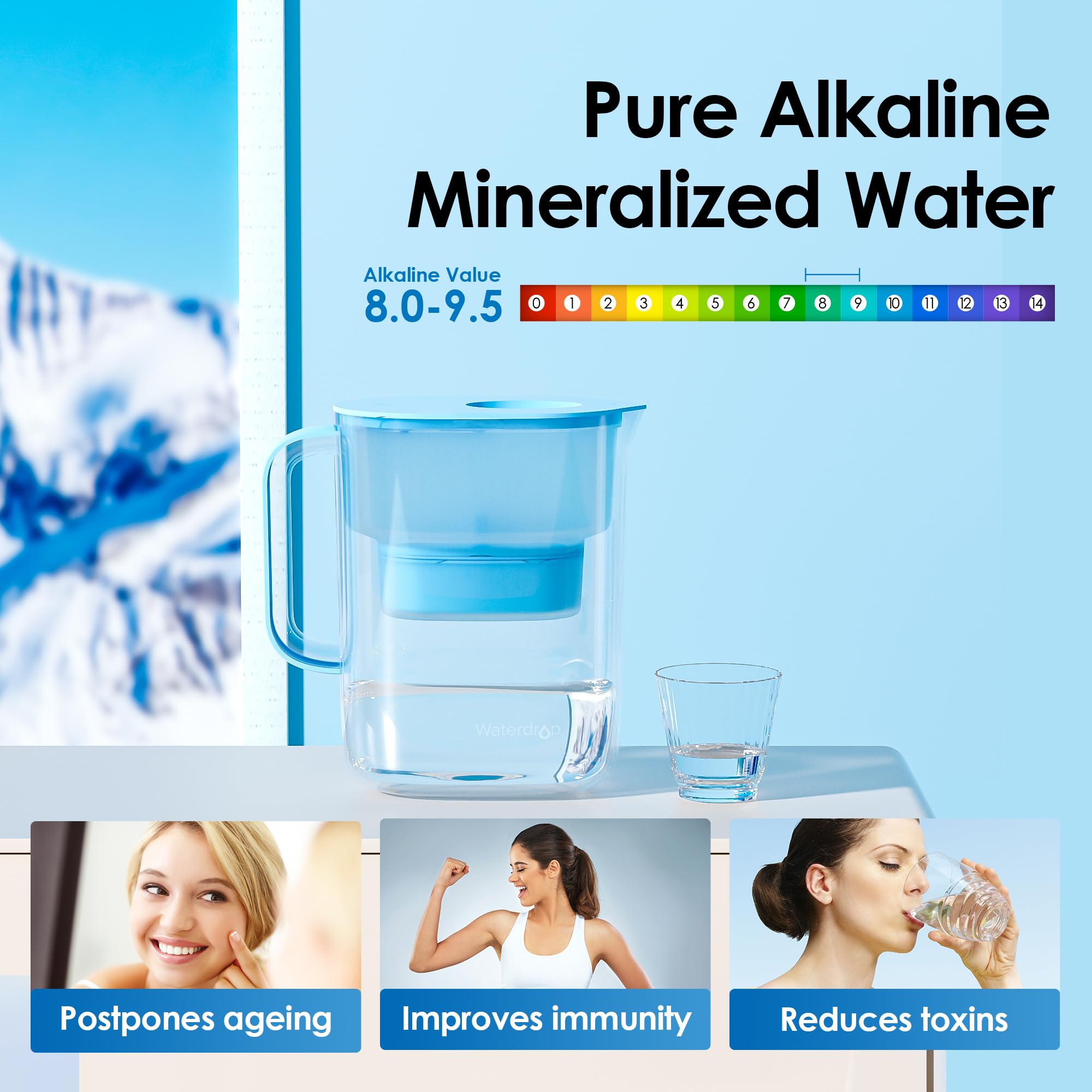 Waterdrop Alkaline Lucid 10-Cup Large Water Filter Pitcher With 1 Filter, Healthy, Clean & Toxin-Free Mineralized Alkaline Water