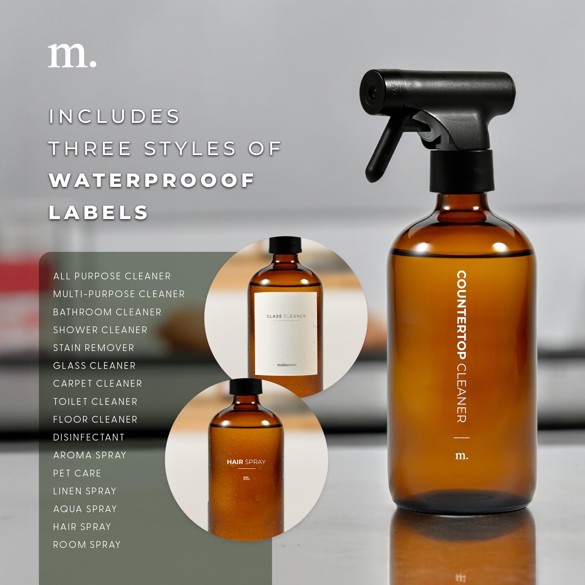 Maisonovo Glass Spray Bottle | 16.9 Fl Oz Amber X 2 With 16 Labels