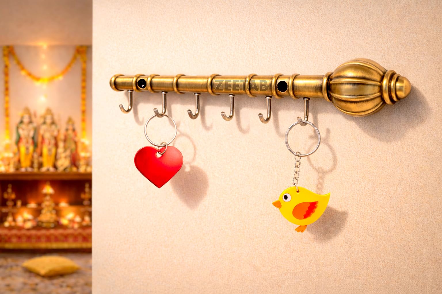 Zeetab Lord Hanuman Gada Key Holder | Bajrangbali Key Stand & Antique Brass Metal 6 Hook Wall Mount Hanger | Home Decor Gift (22